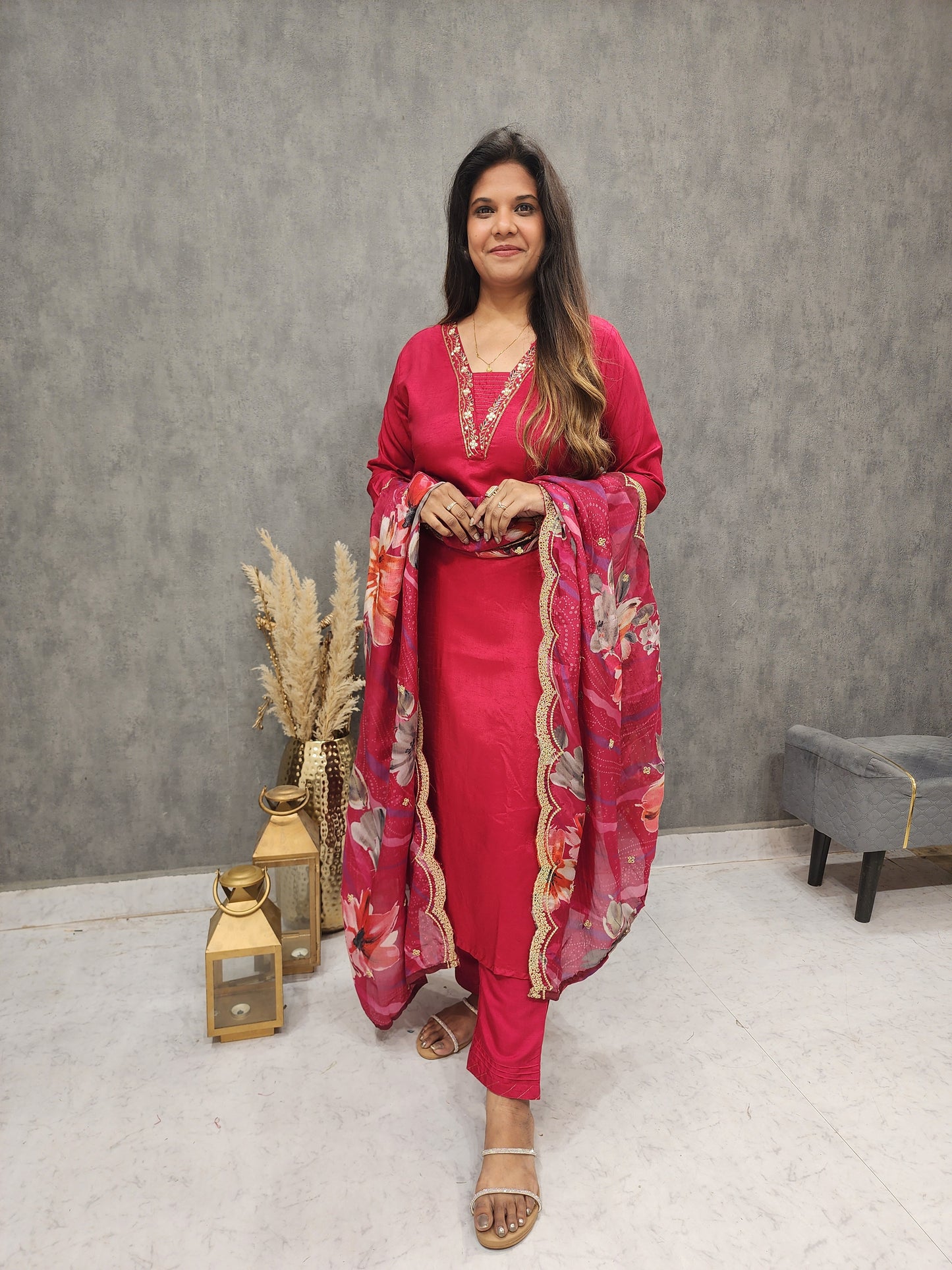REHMAT MAROON V NECK EMBROIDED STRAIGHT SUIT