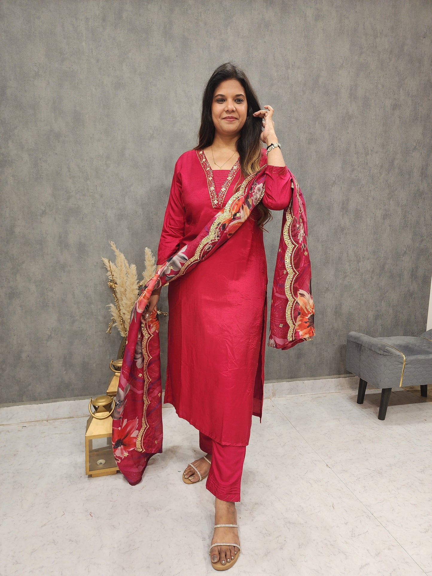 REHMAT MAROON V NECK EMBROIDED STRAIGHT SUIT