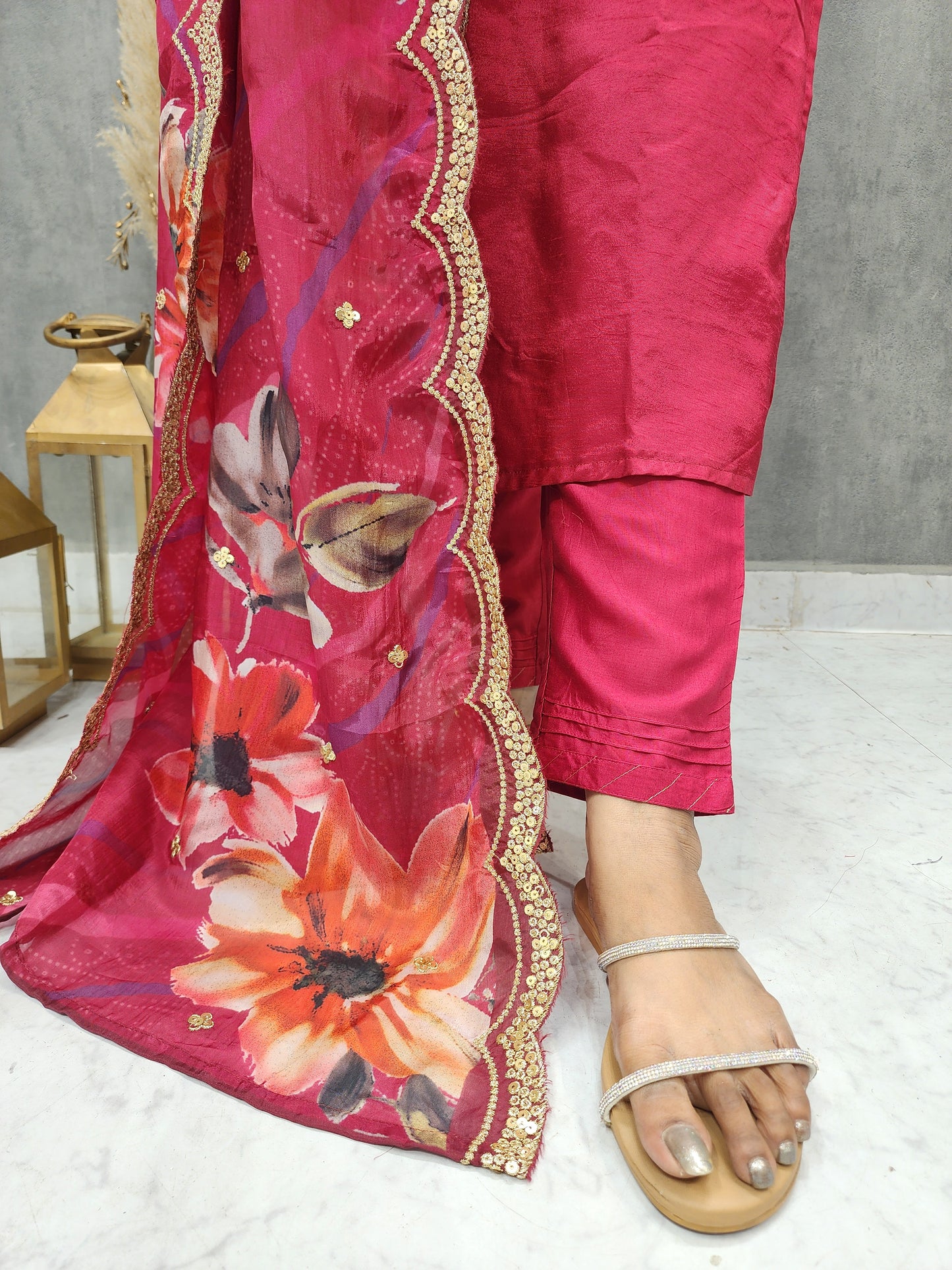 REHMAT MAROON V NECK EMBROIDED STRAIGHT SUIT
