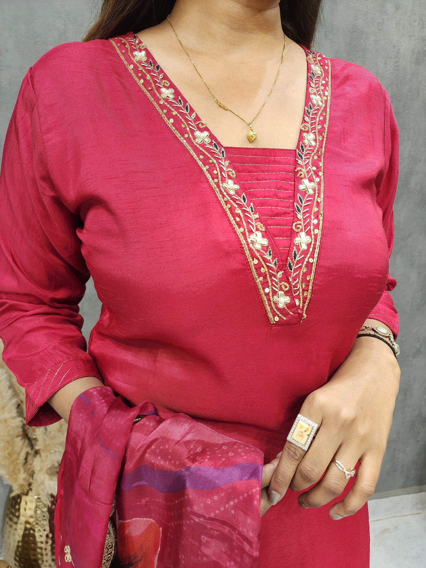 REHMAT MAROON V NECK EMBROIDED STRAIGHT SUIT