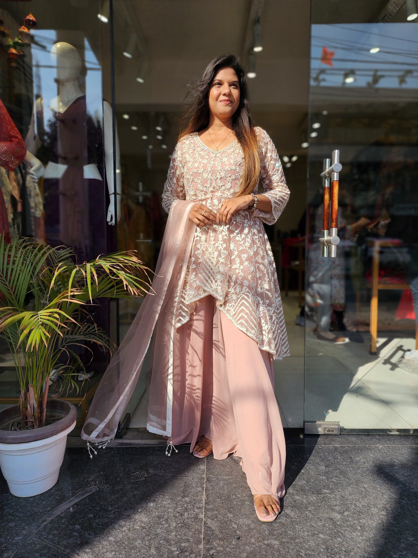 Nude peach high low sharara dress