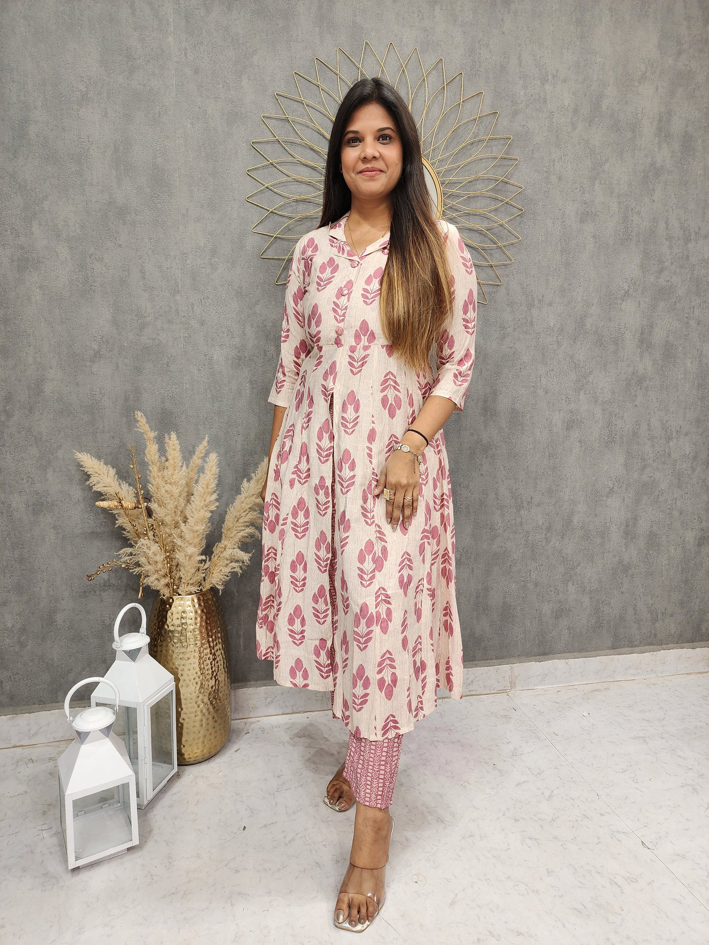 PINK CENTRE SLIT PRINTED MUSLIN CO-ORD SET