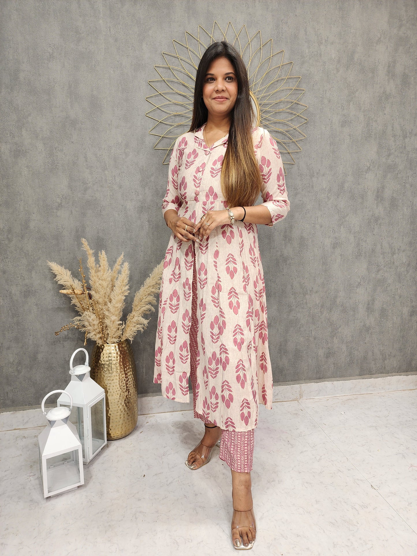 PINK CENTRE SLIT PRINTED MUSLIN CO-ORD SET