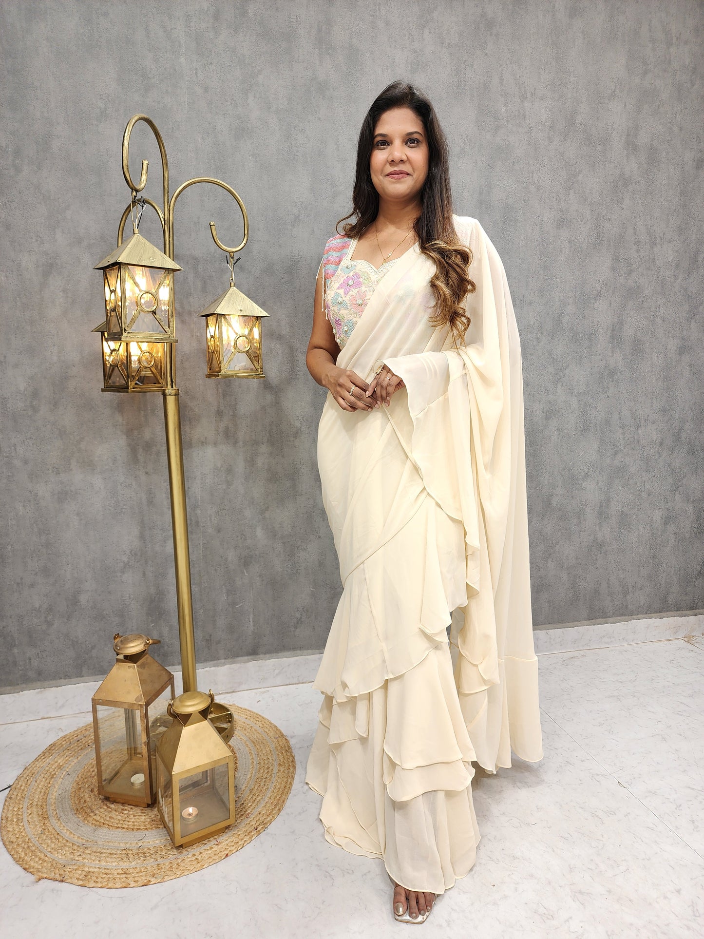 CREAM RUFFLES EMBROIDERED DRAPE SAREE