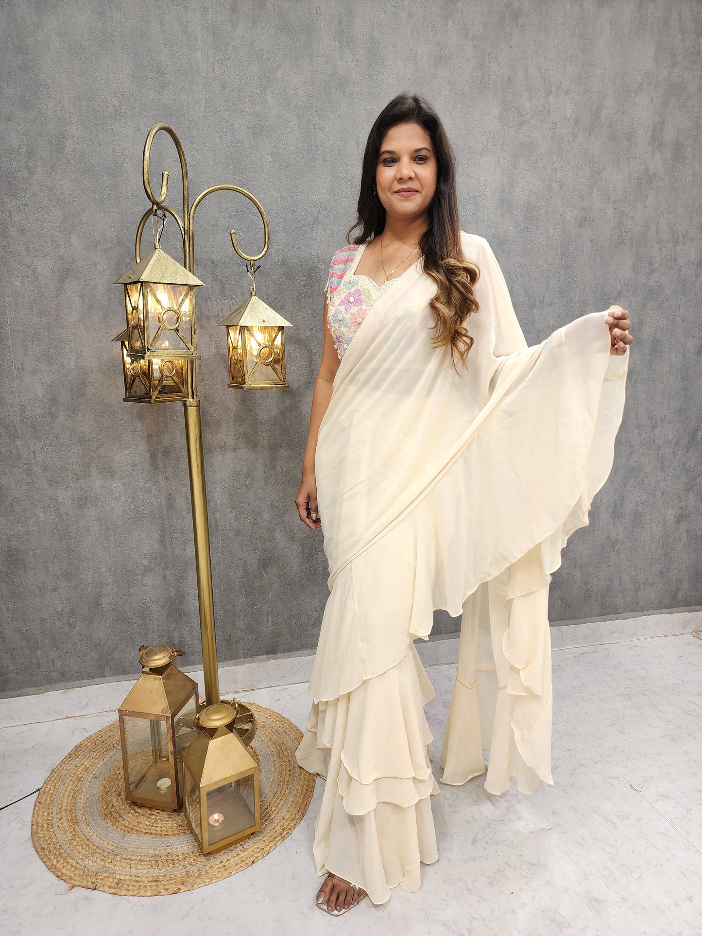 CREAM RUFFLES EMBROIDERED DRAPE SAREE