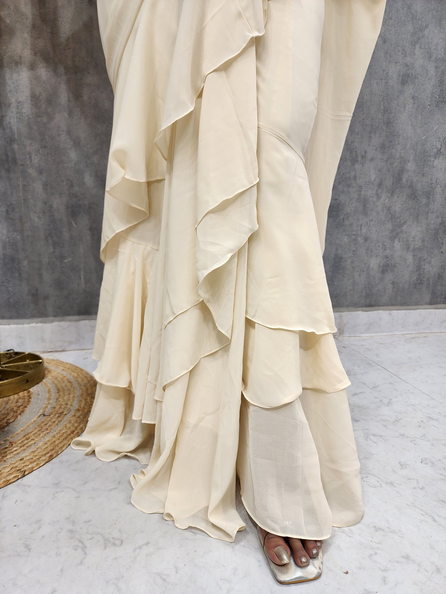 CREAM RUFFLES EMBROIDERED DRAPE SAREE