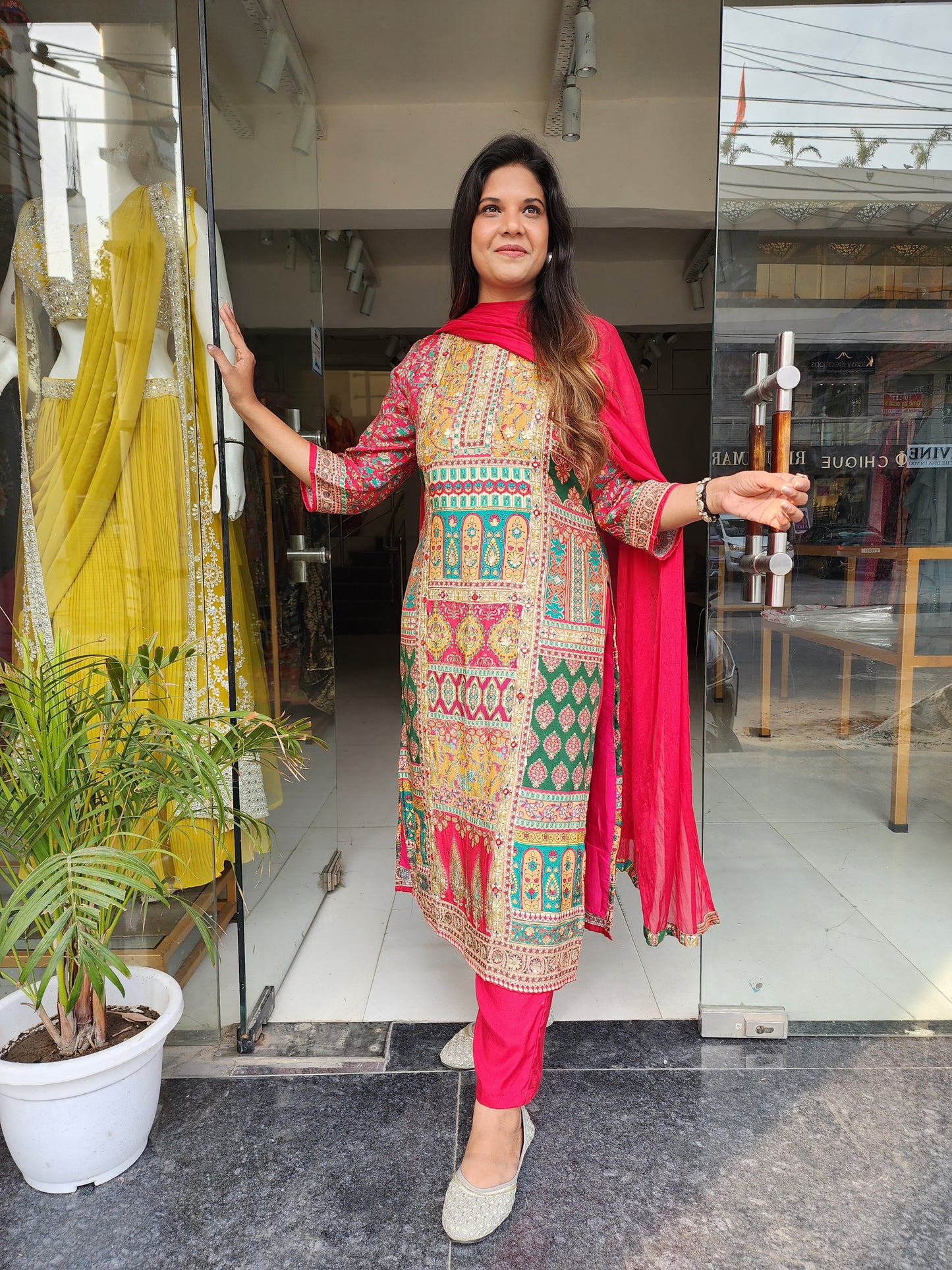 PAKISTANI CHERRY RED EMBROIDERED STRAIGHT SUIT