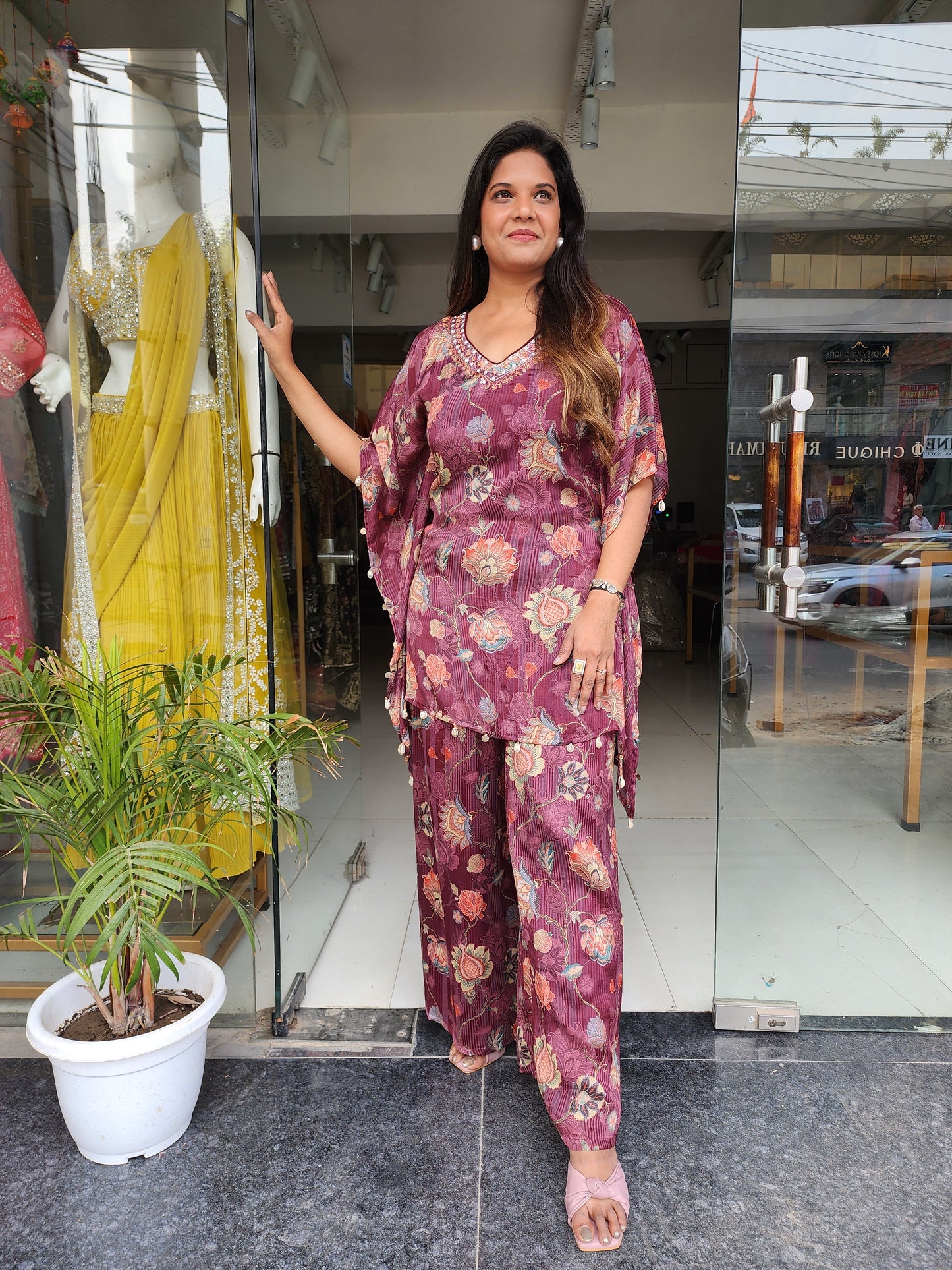 PRINTED KAFTAAN STYLE CO-ORD SET WITH COIN WORK