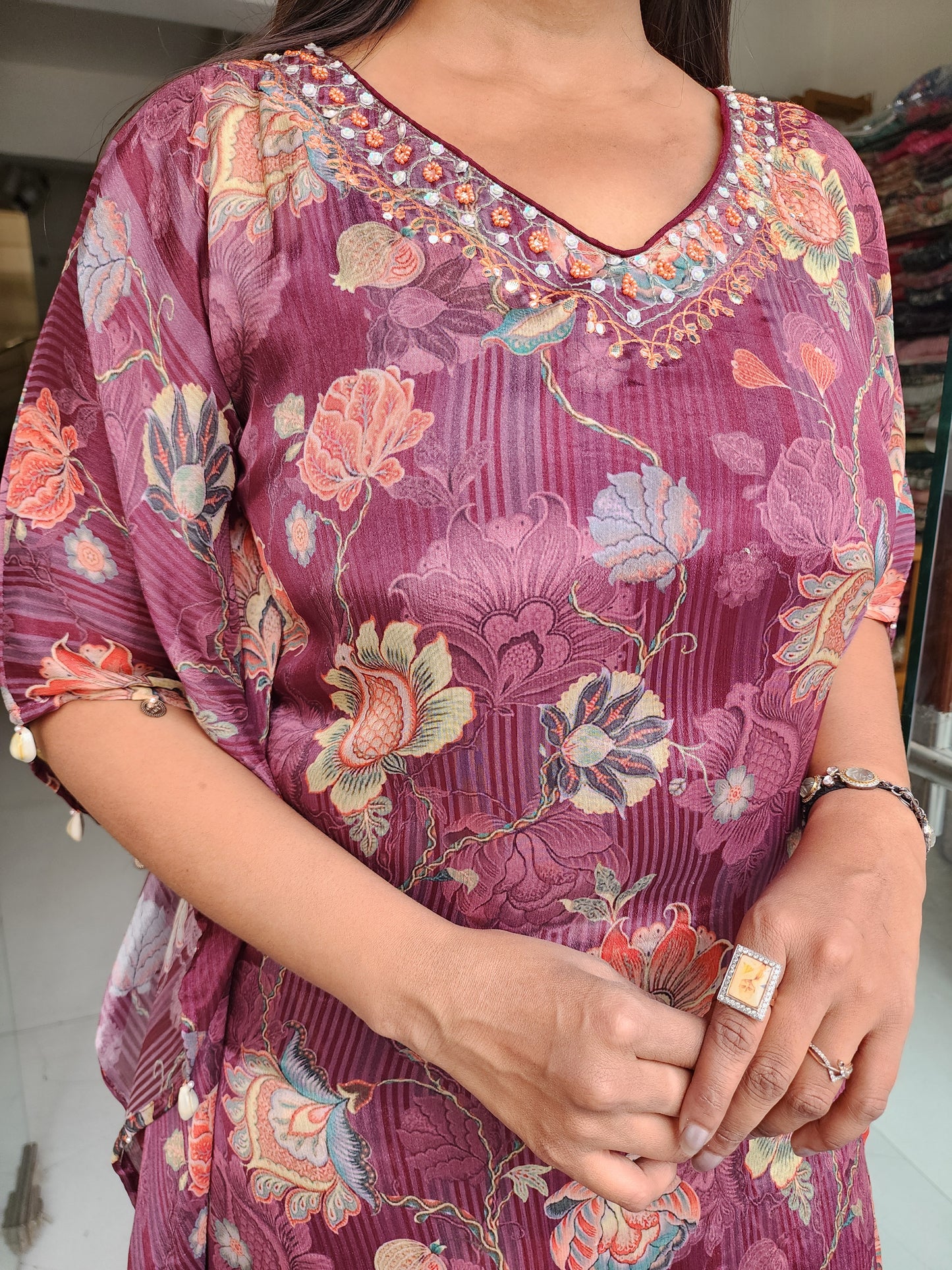 PRINTED KAFTAAN STYLE CO-ORD SET WITH COIN WORK