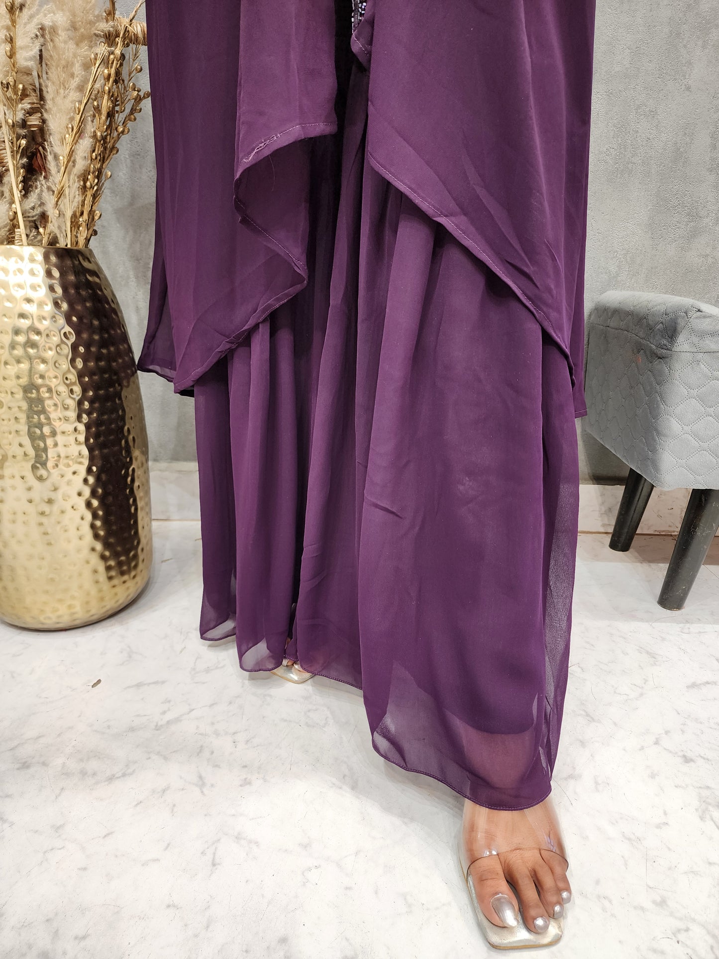 Wine embroided 3 piece indowestern divider dress