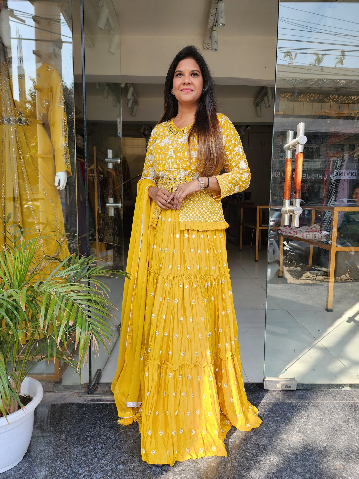NAINA MUSTARD PEPLUM TOP WITH SKIRT EMBROIDERED DRESS