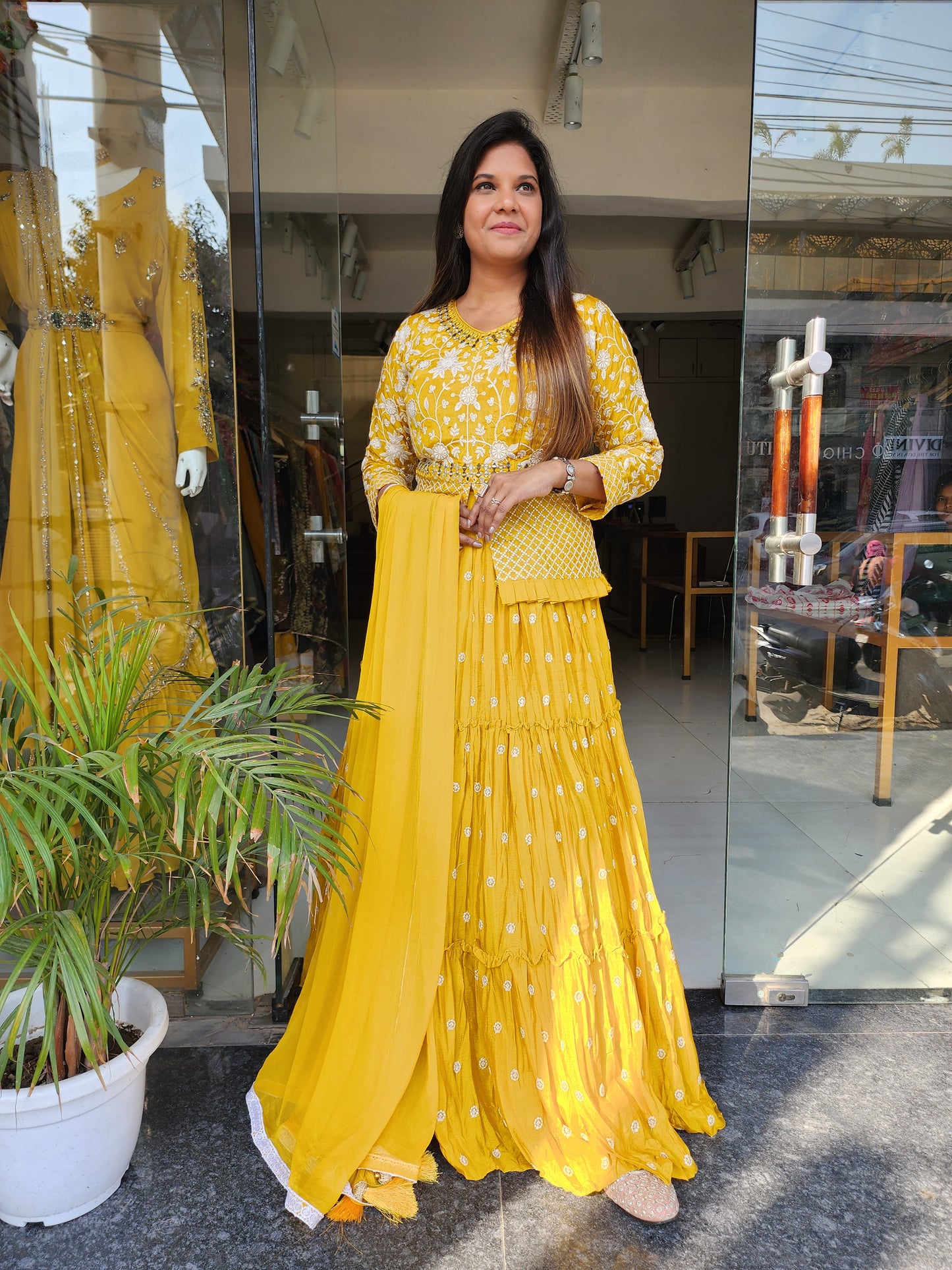 NAINA MUSTARD PEPLUM TOP WITH SKIRT EMBROIDERED DRESS