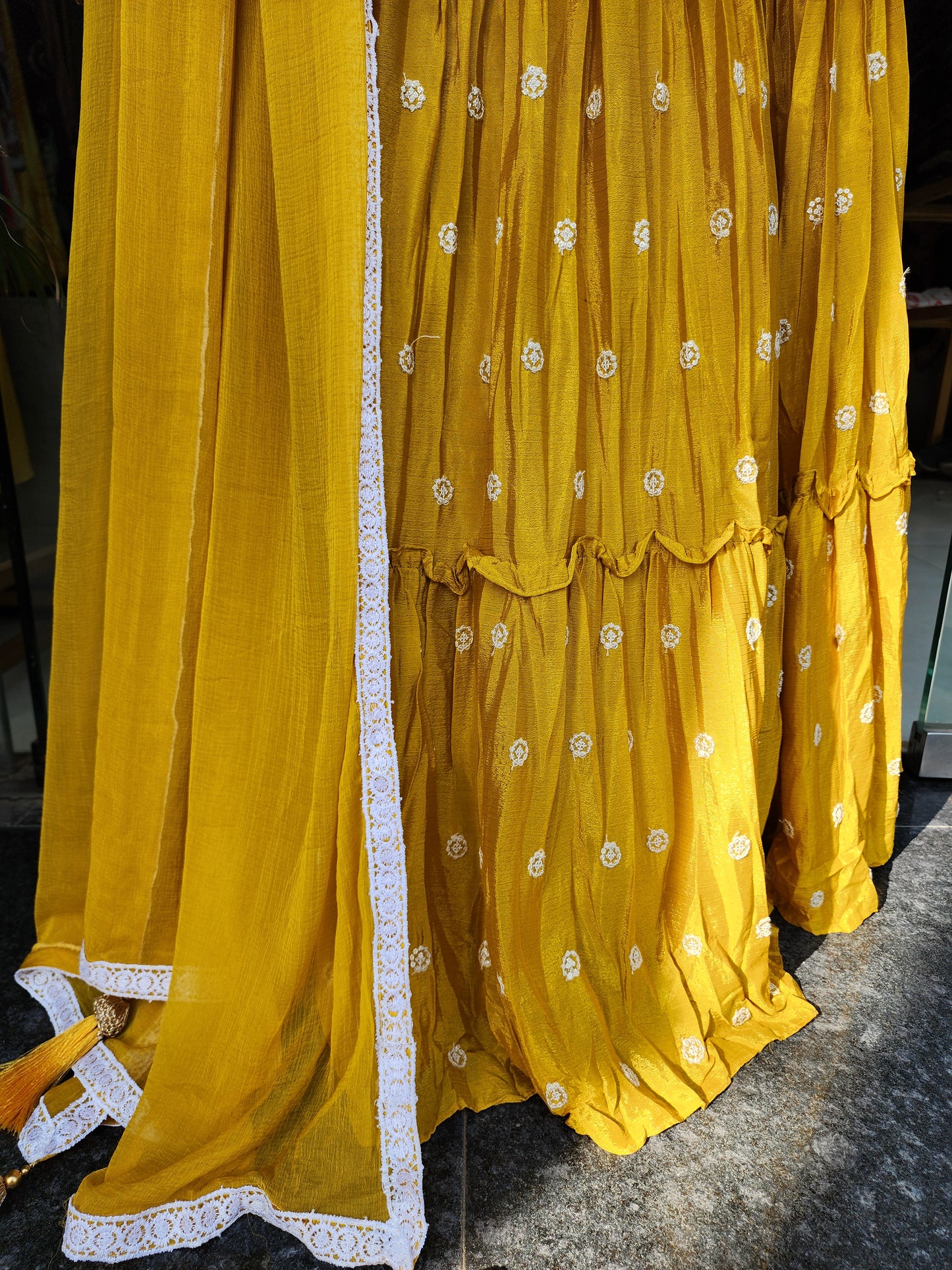 NAINA MUSTARD PEPLUM TOP WITH SKIRT EMBROIDERED DRESS