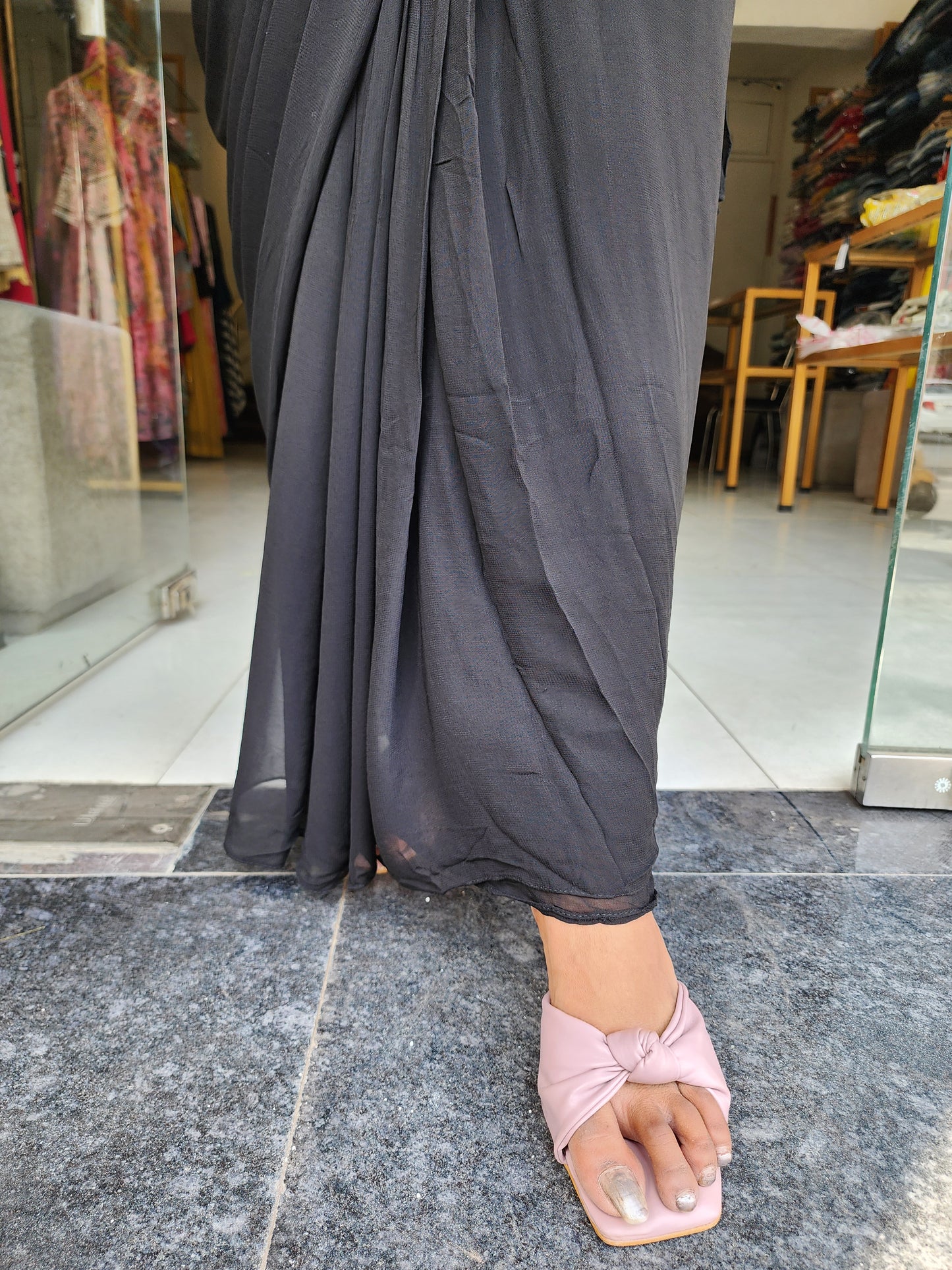 BLACK DRAPE SAREE WITH DETACHABLE GREY JACKET