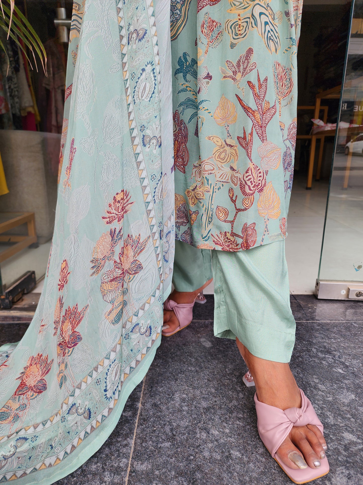 Ajrak print nude green 3pc suit