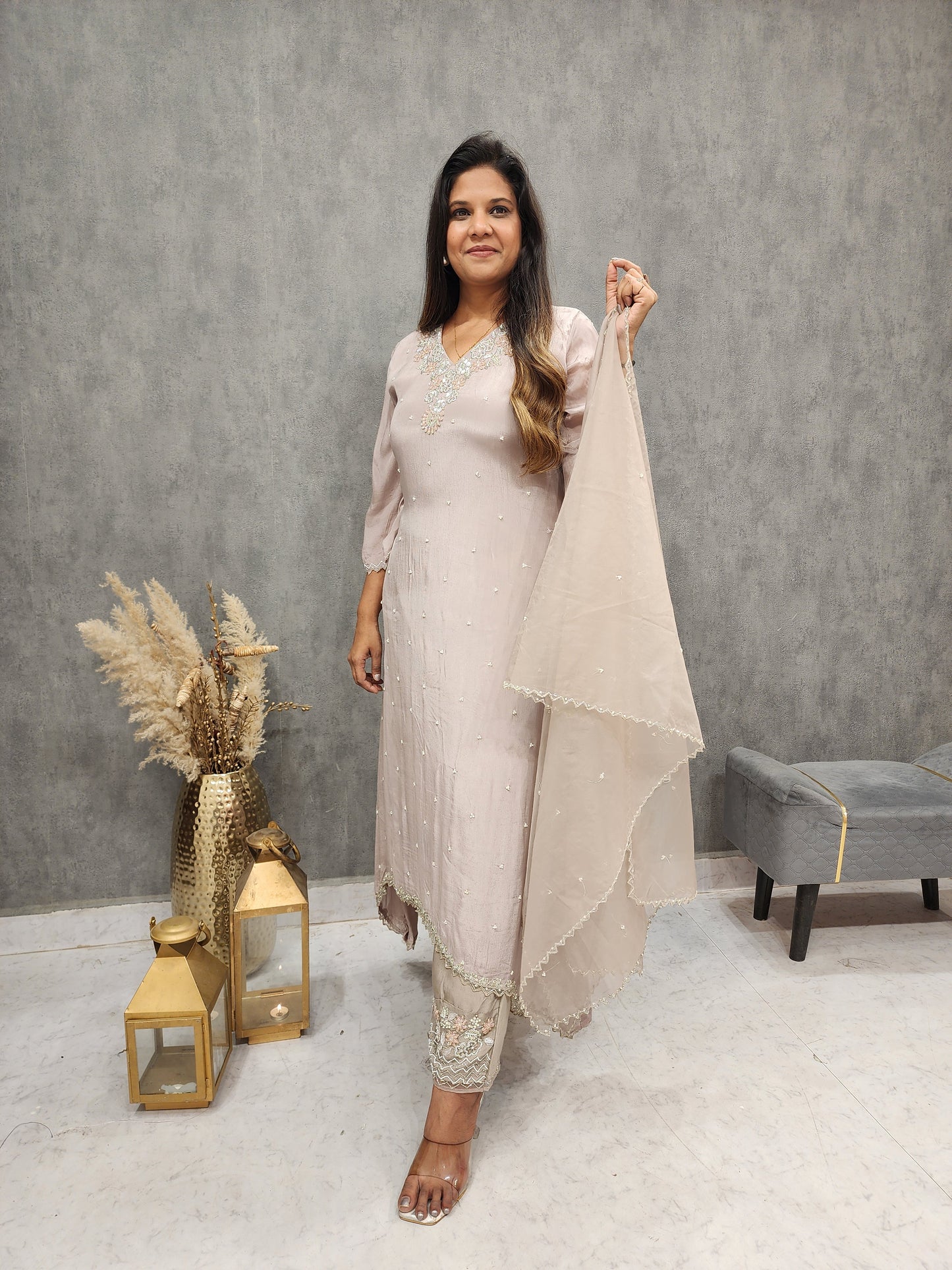 NUDE HIGH AND LOW EMBROIDERED PANT SUIT WITH ORGANZA DUPATTA