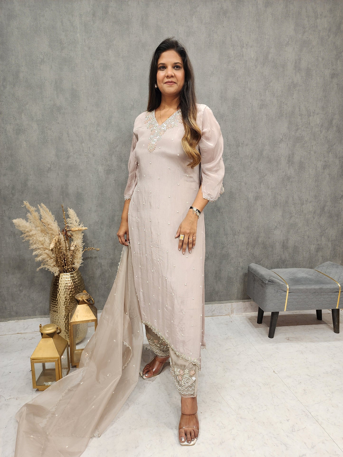 NUDE HIGH AND LOW EMBROIDERED PANT SUIT WITH ORGANZA DUPATTA