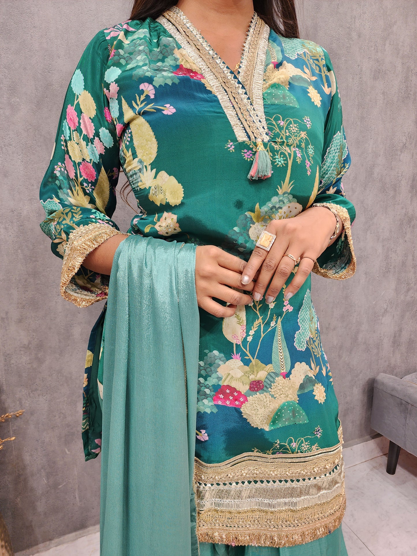 GREEN FLORAL PRINT PAKISTANI AFGHANI CO-ORD SET