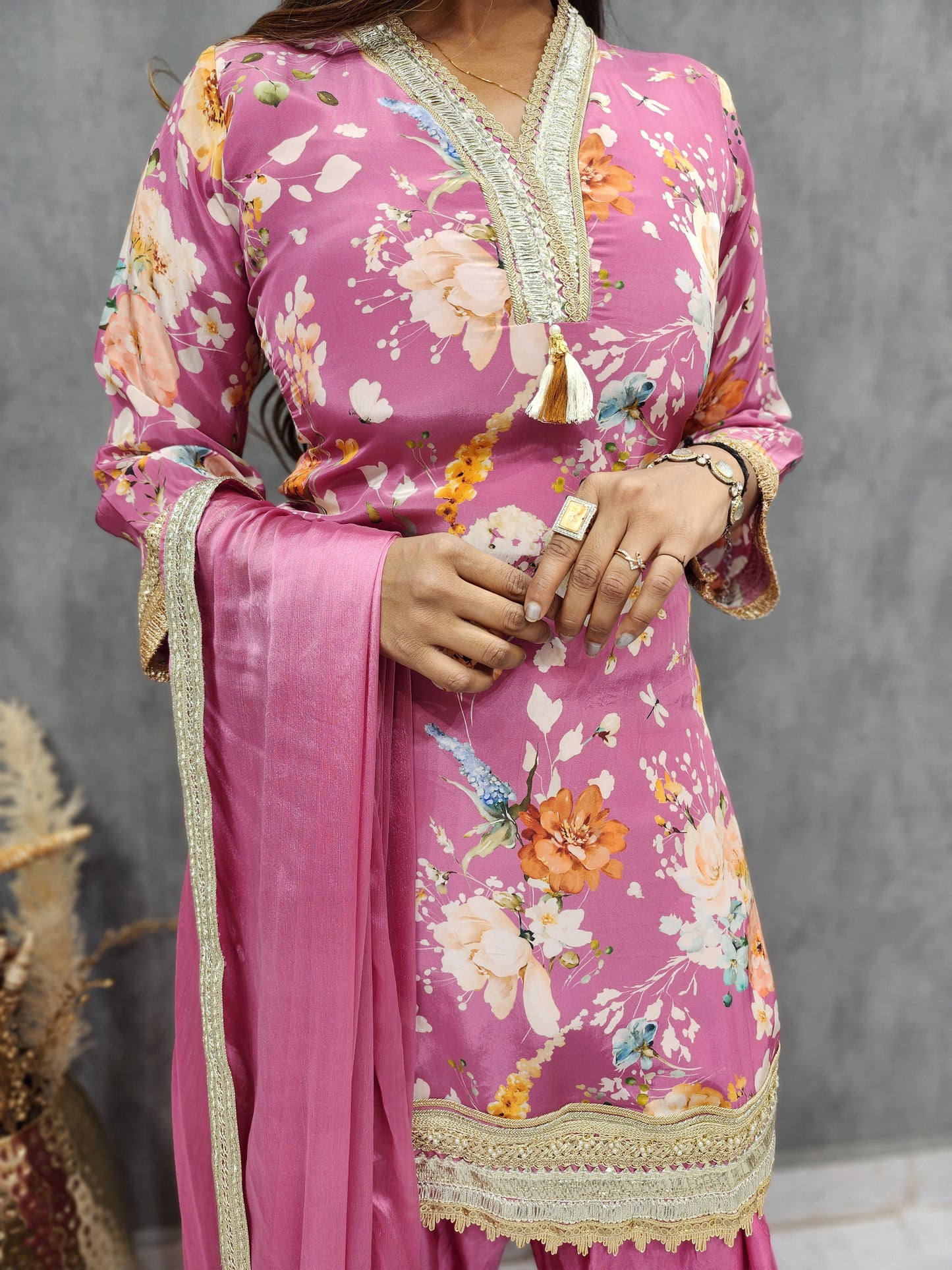 Pink floral print pakistani afghani co-ord set