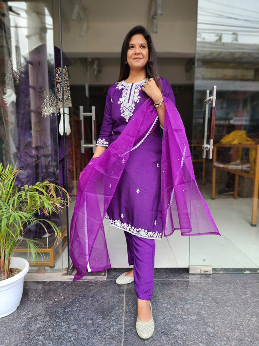 Purple threadwork embroidered straight suit
