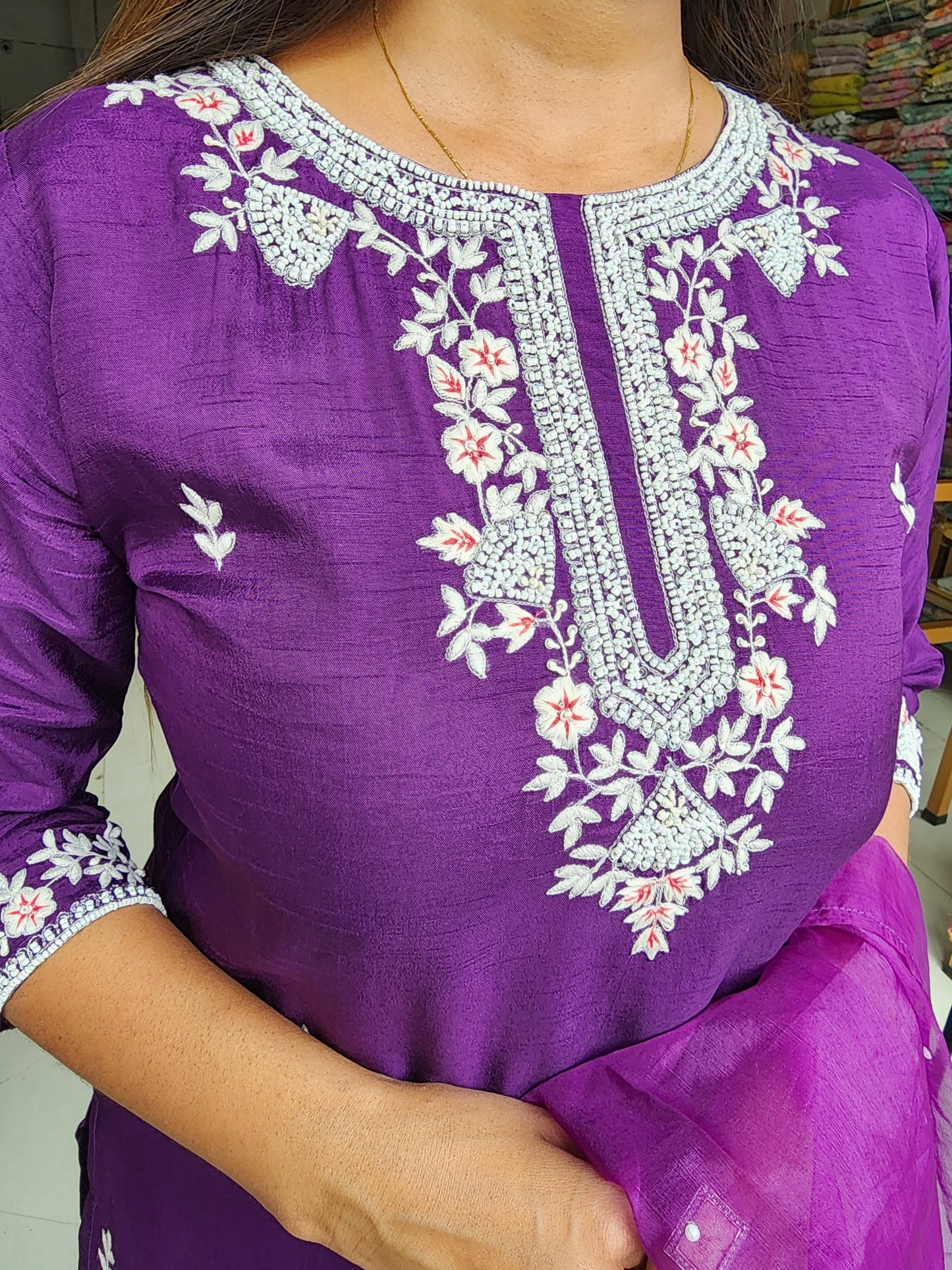 Purple threadwork embroidered straight suit