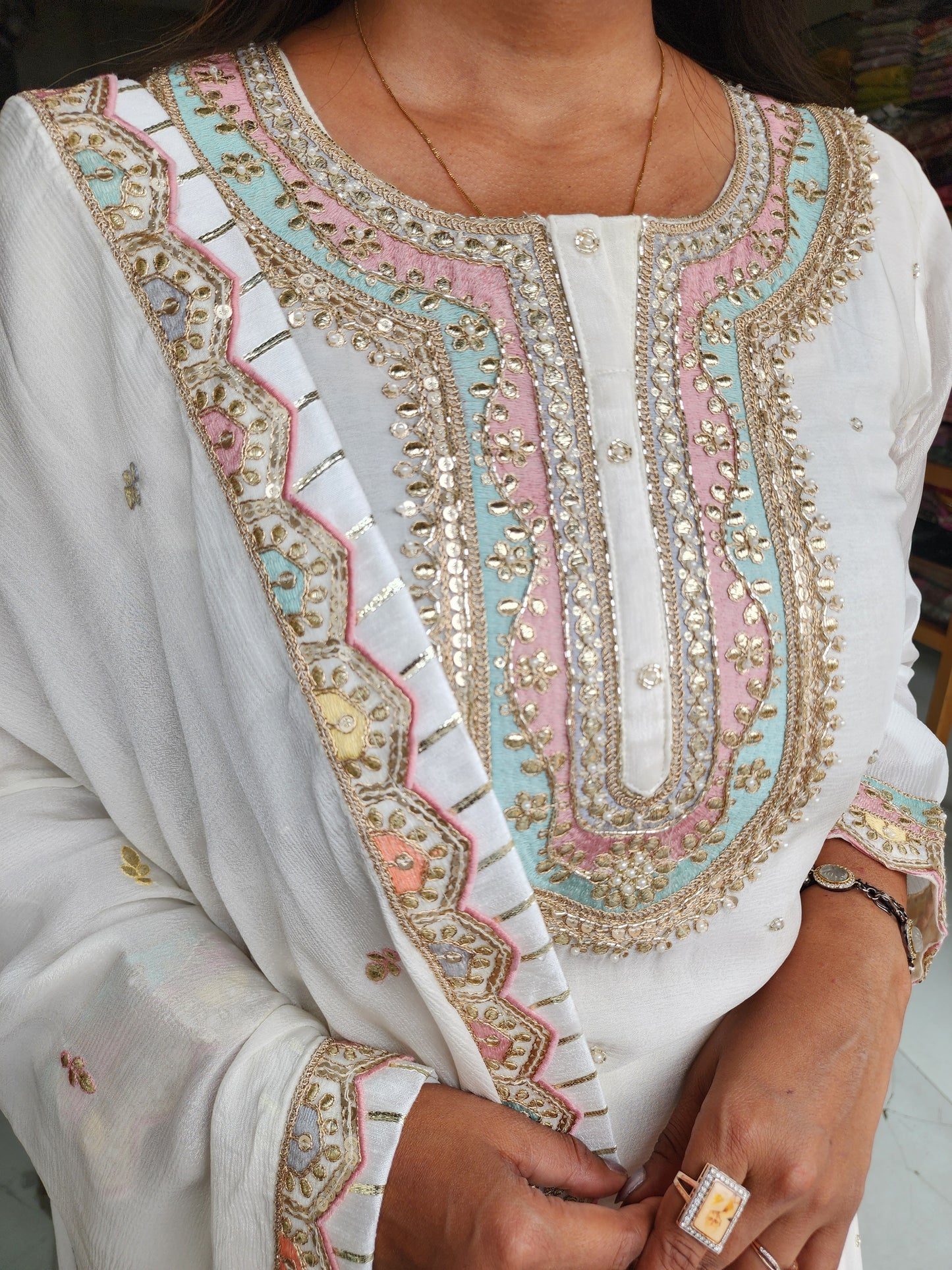 Rajgharana off white embroidered short kurta with lehenga dress