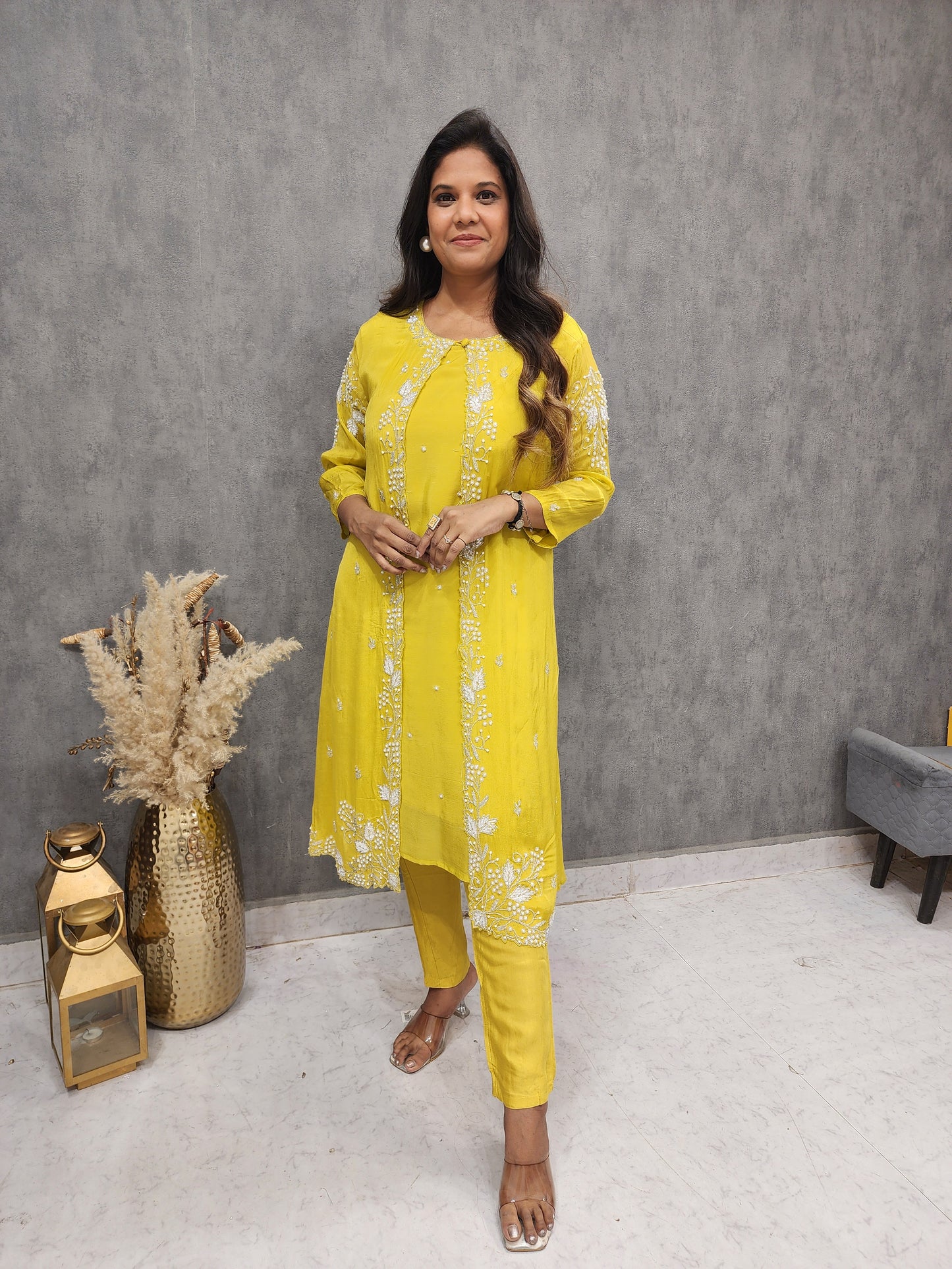 MAHIRA YELLOW 3PC INDOWESTERN EMBROIDED SUIT