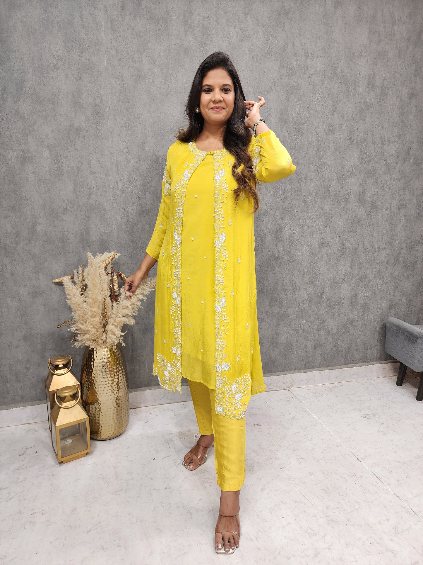 MAHIRA YELLOW 3PC INDOWESTERN EMBROIDED SUIT