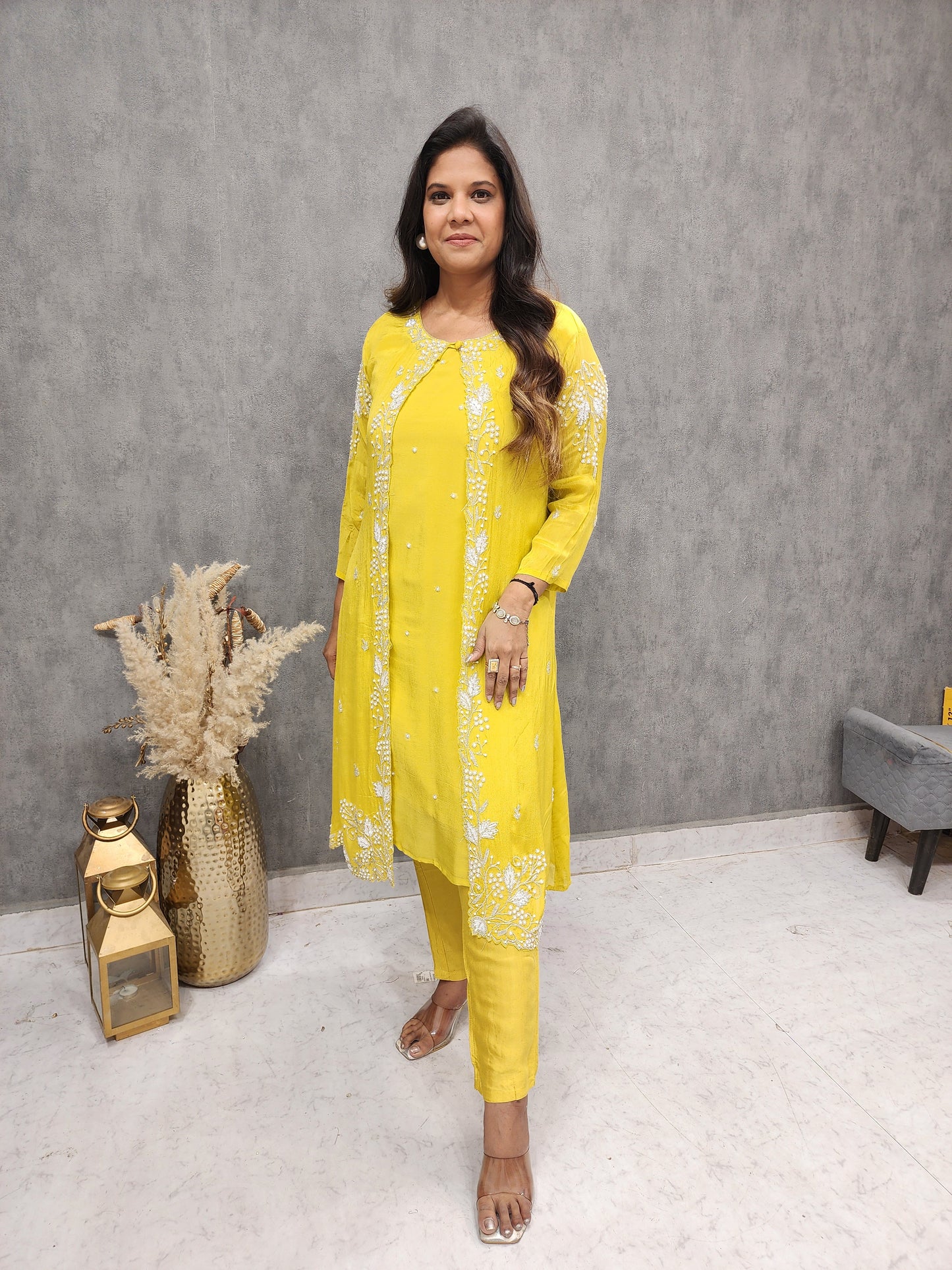 MAHIRA YELLOW 3PC INDOWESTERN EMBROIDED SUIT