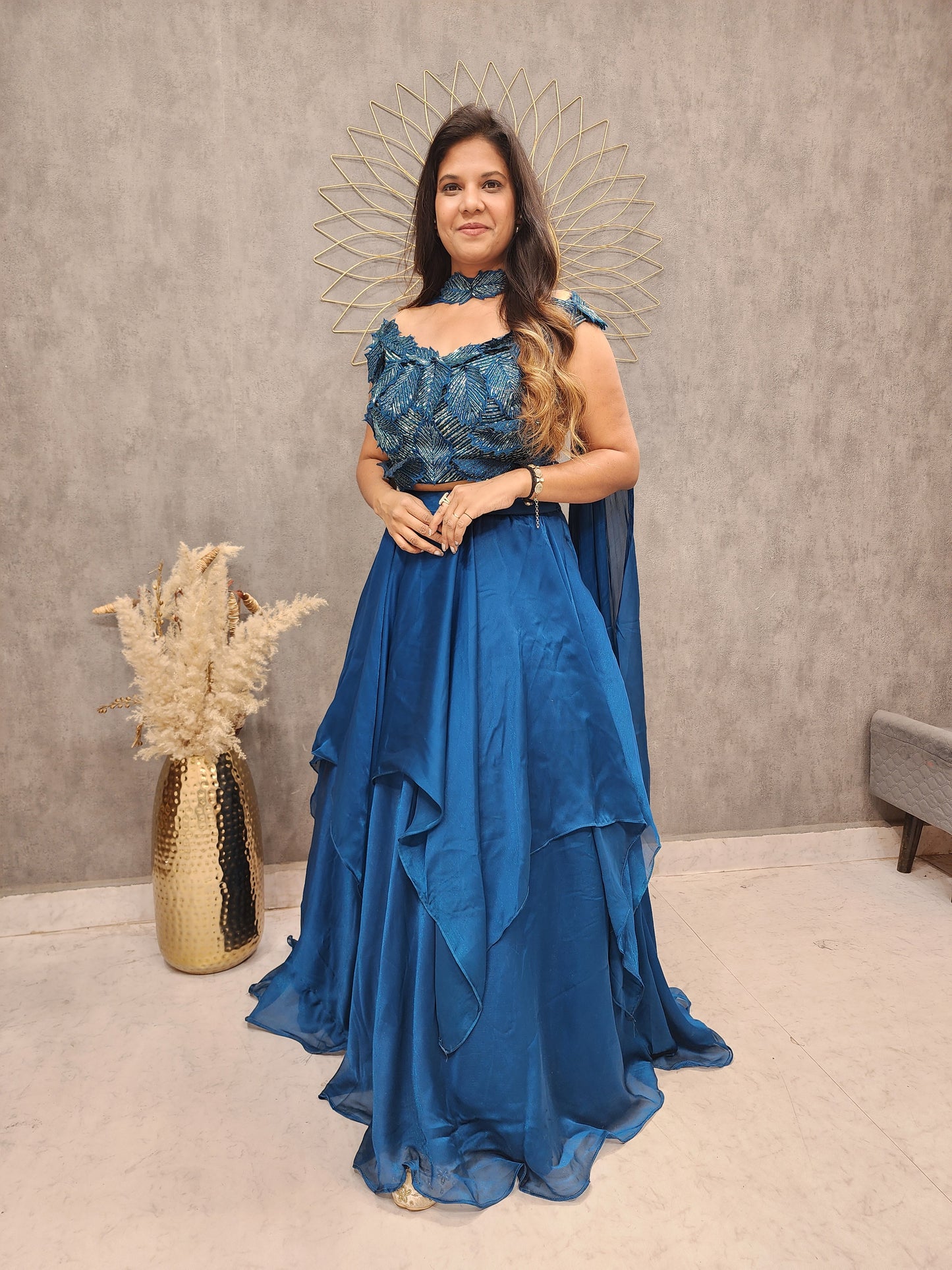 Butterfly neck leafy embroided teal blue jimmy choo lehenga