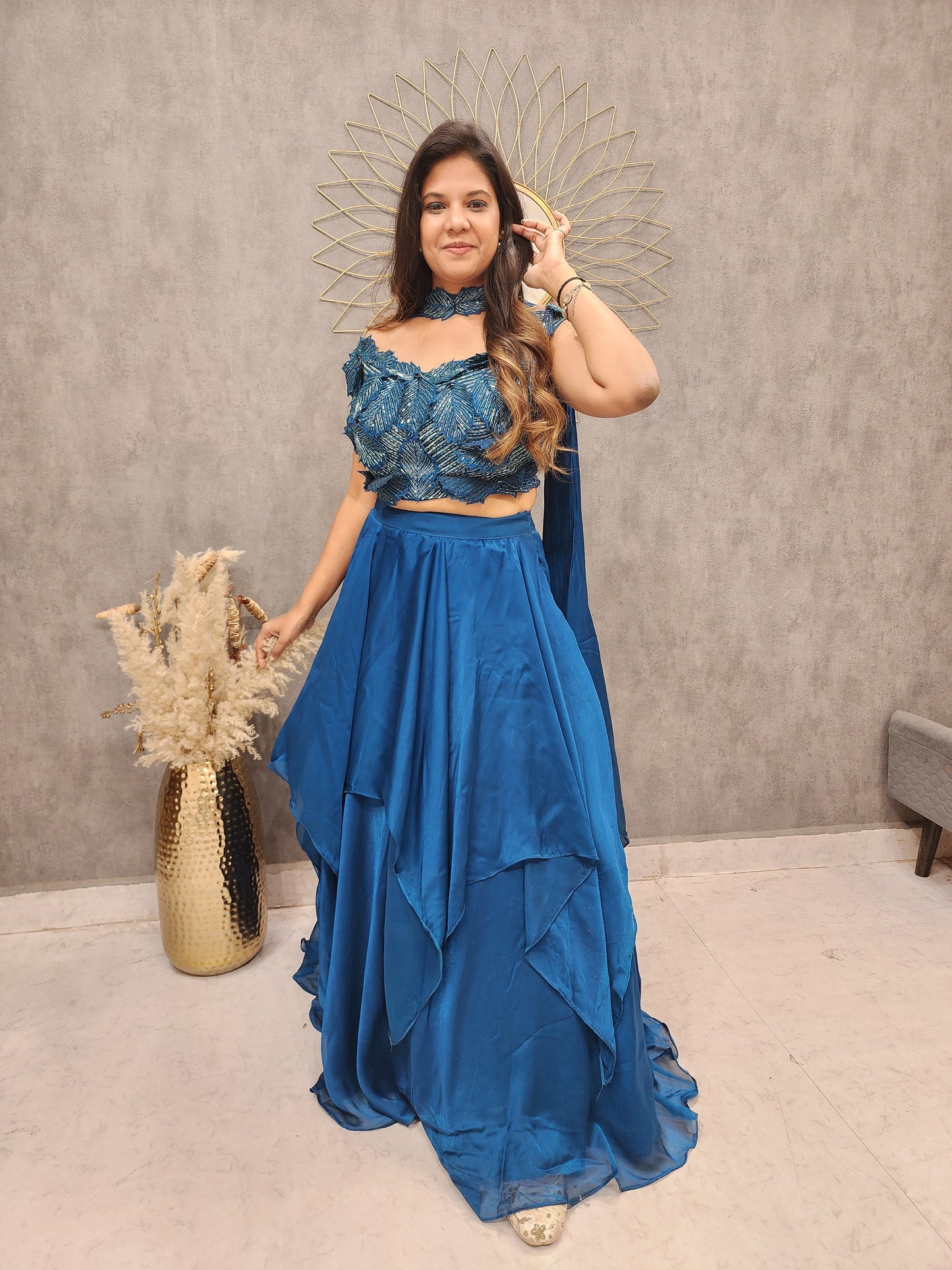 Butterfly neck leafy embroided teal blue jimmy choo lehenga