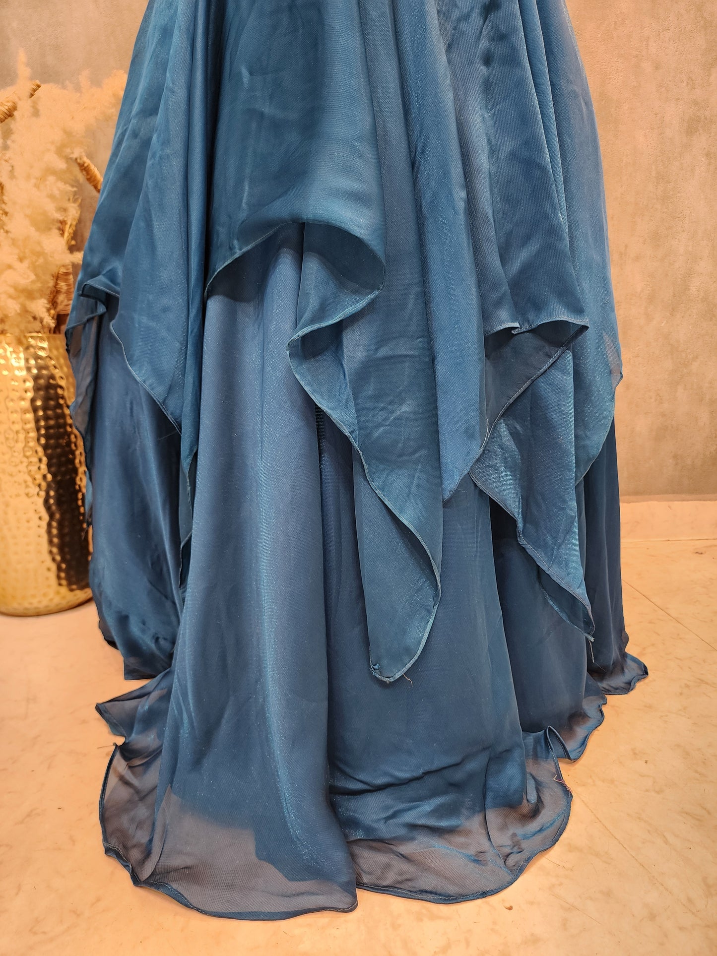Butterfly neck leafy embroided teal blue jimmy choo lehenga