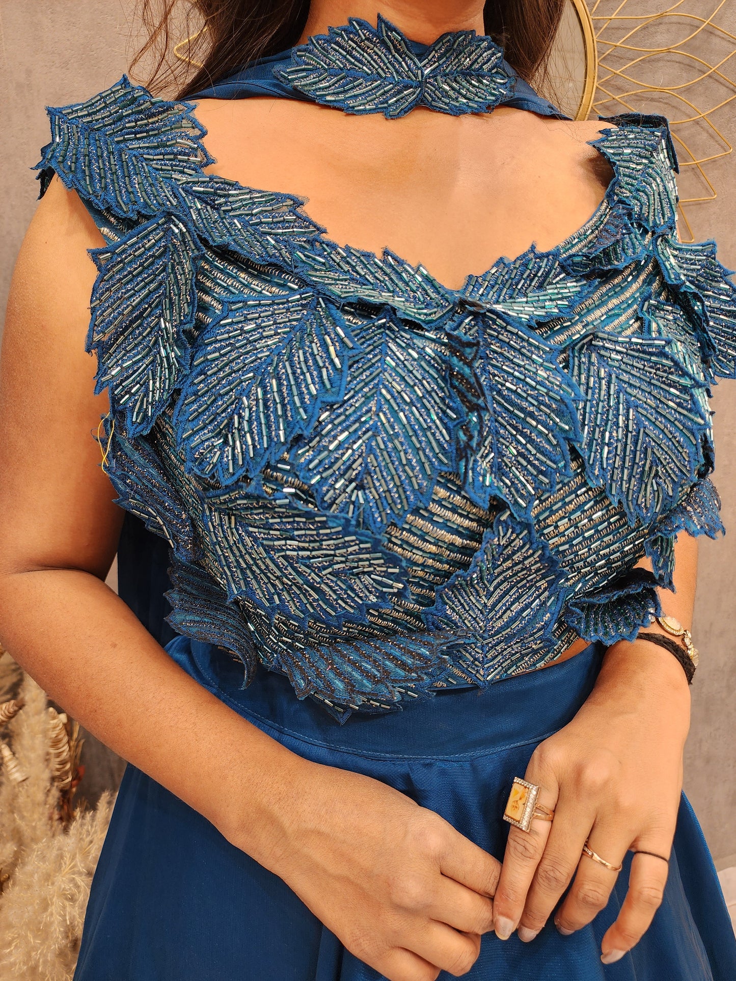Butterfly neck leafy embroided teal blue jimmy choo lehenga