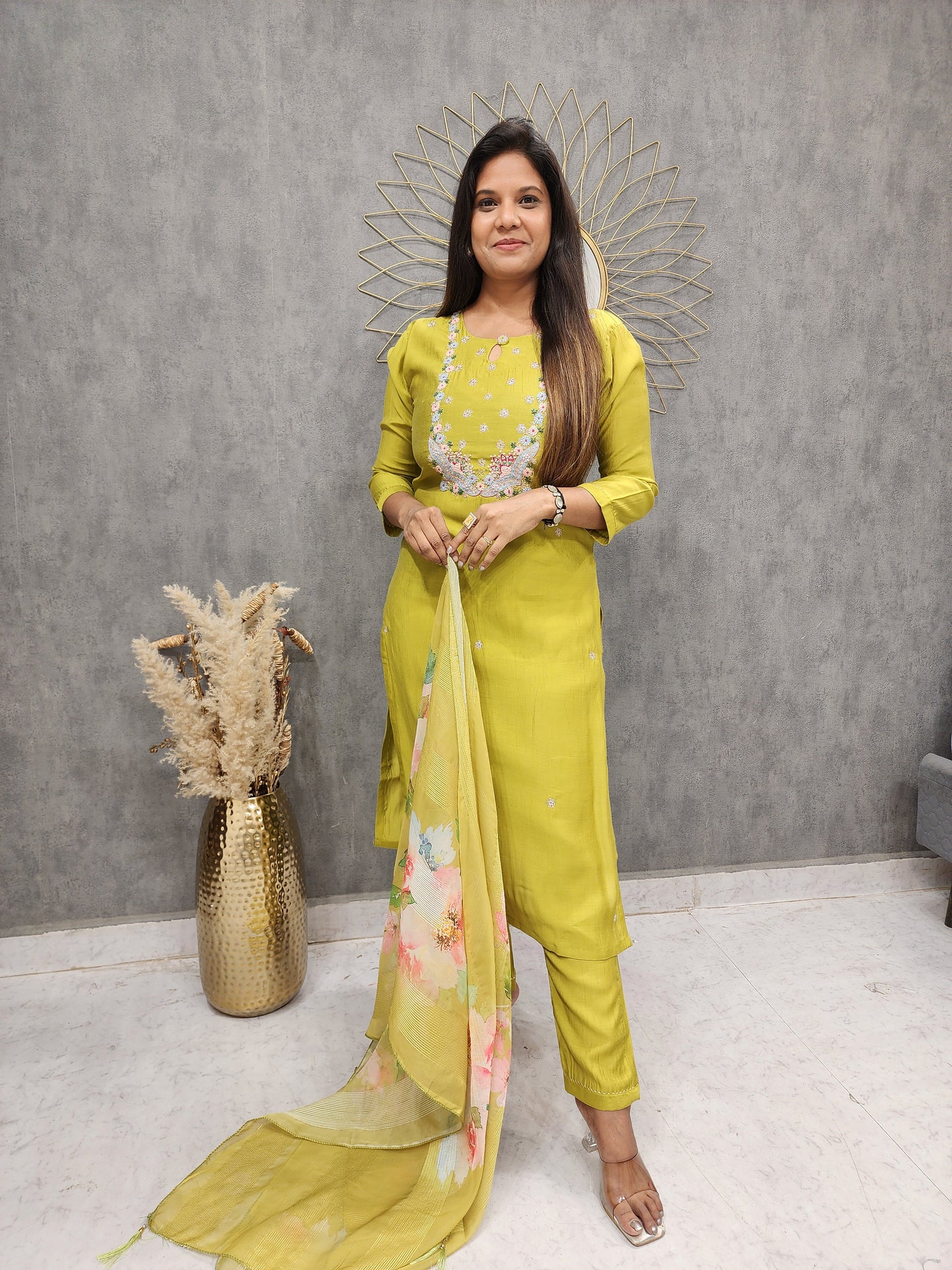LIME GREEN STRAIGHT SUIT WITH DIGITAL PRINT DUPATTA