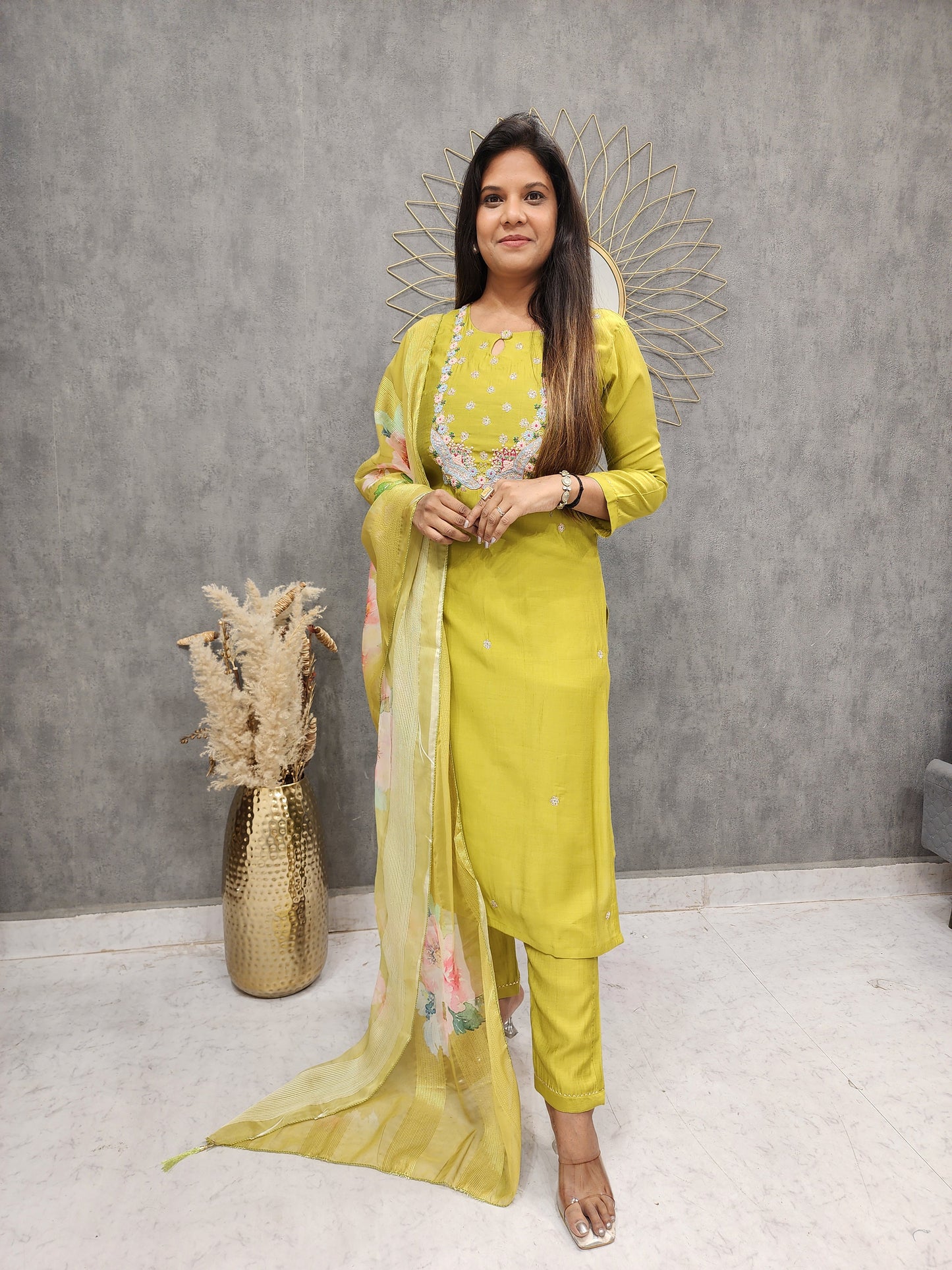 LIME GREEN STRAIGHT SUIT WITH DIGITAL PRINT DUPATTA