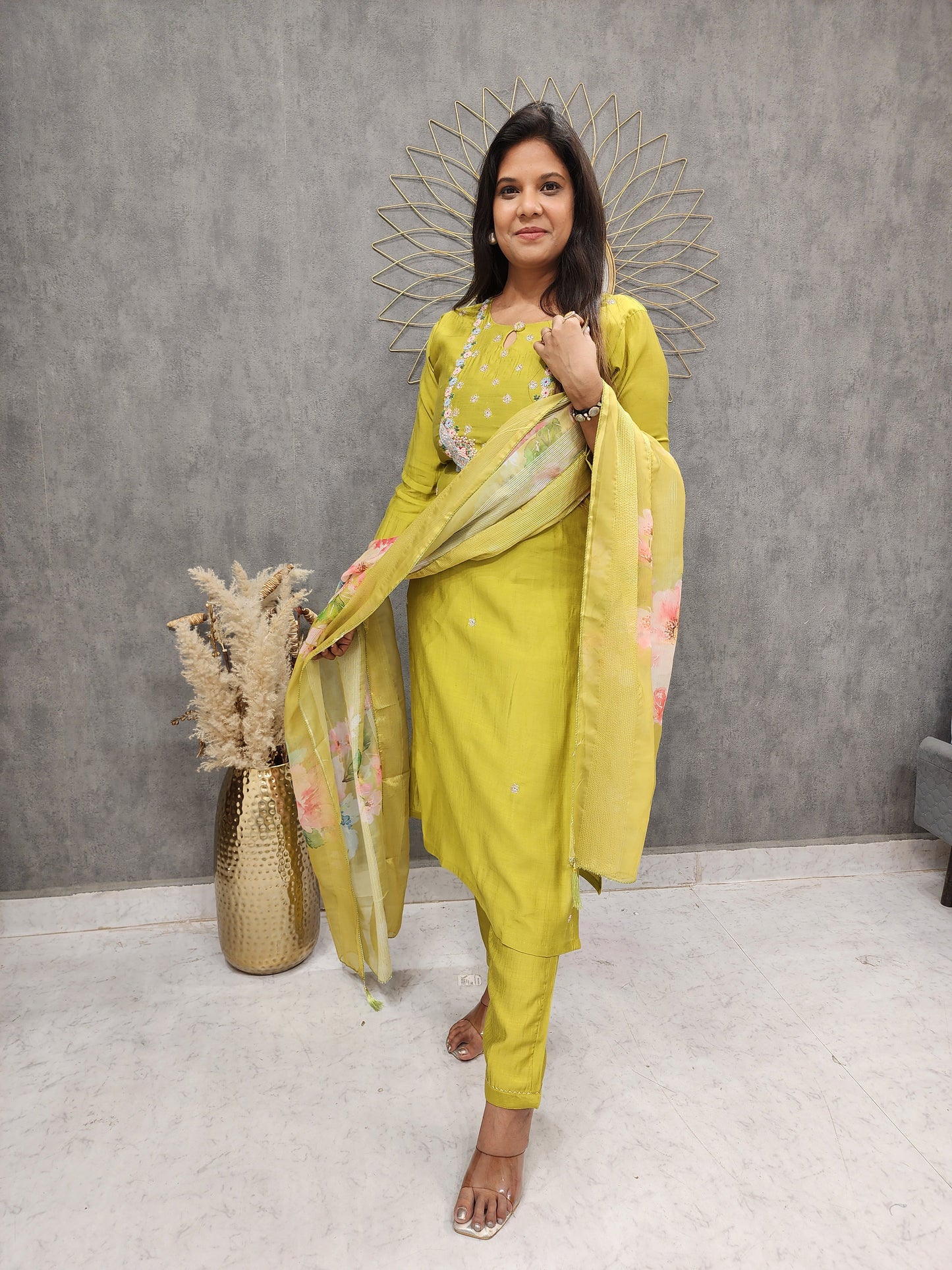 LIME GREEN STRAIGHT SUIT WITH DIGITAL PRINT DUPATTA