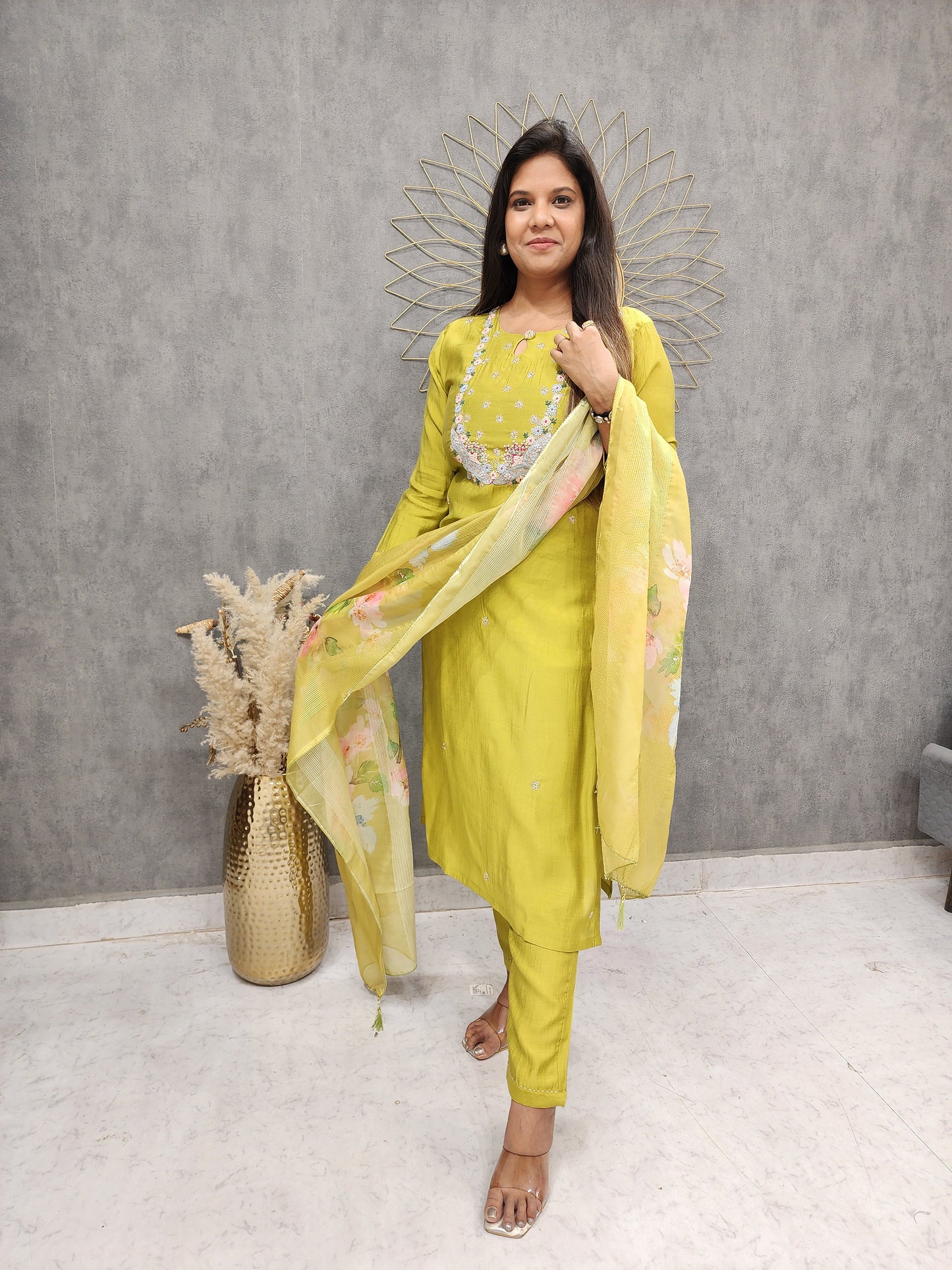 LIME GREEN STRAIGHT SUIT WITH DIGITAL PRINT DUPATTA