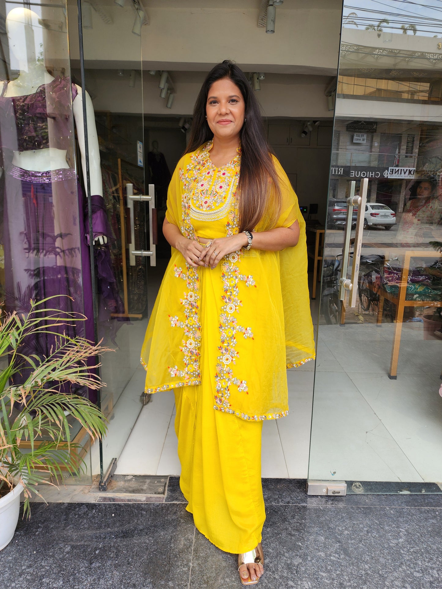 Mango yellow cape cowl indowestern dress