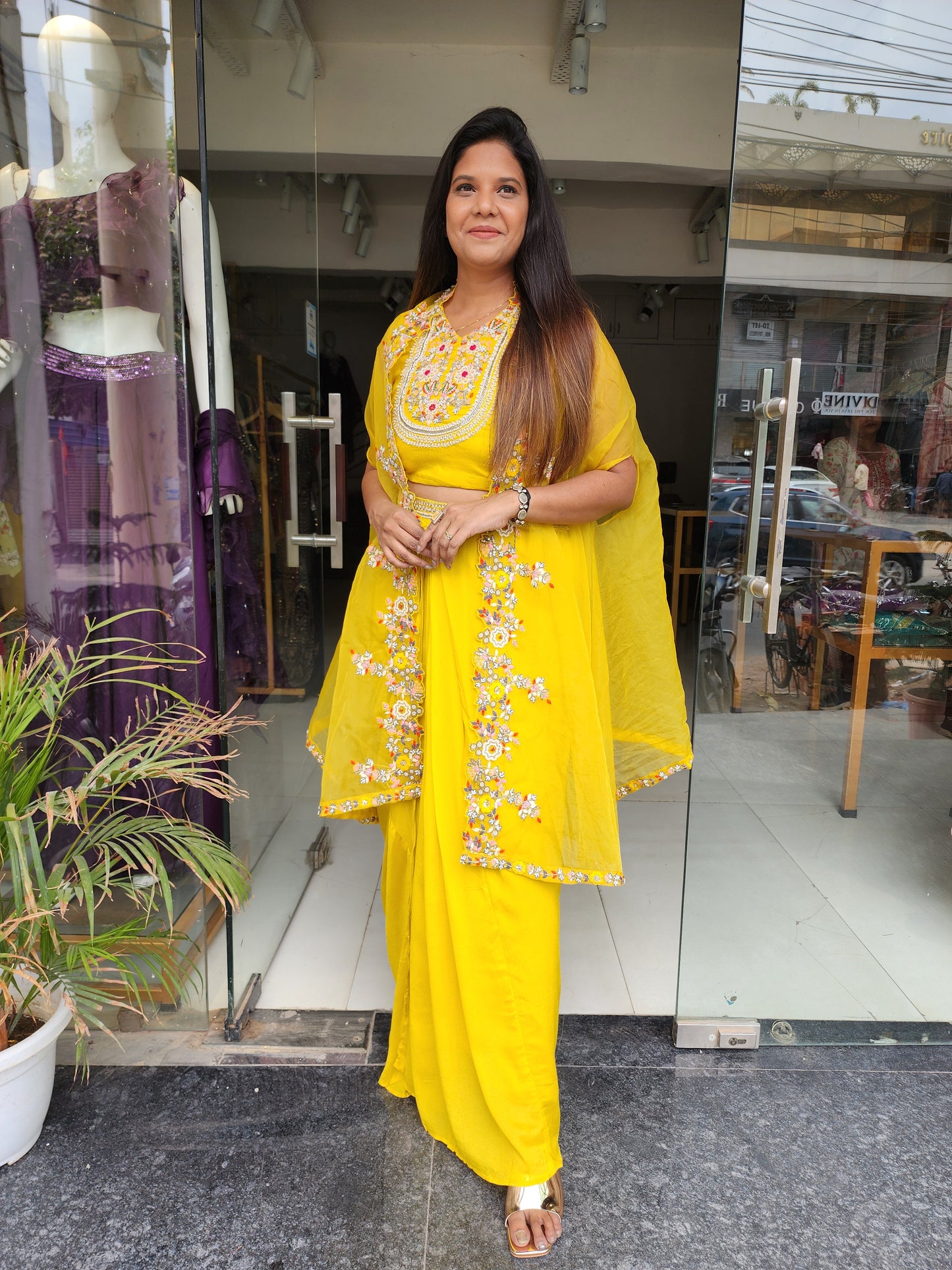Mango yellow cape cowl indowestern dress