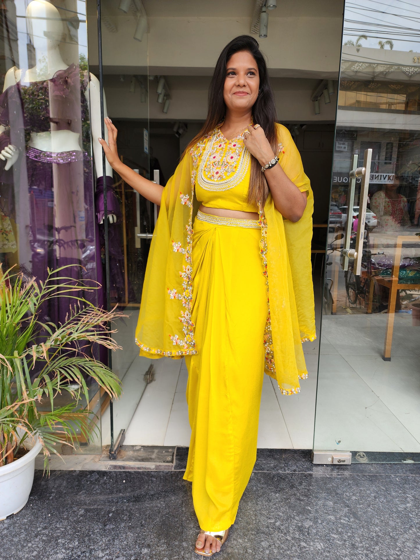 Mango yellow cape cowl indowestern dress