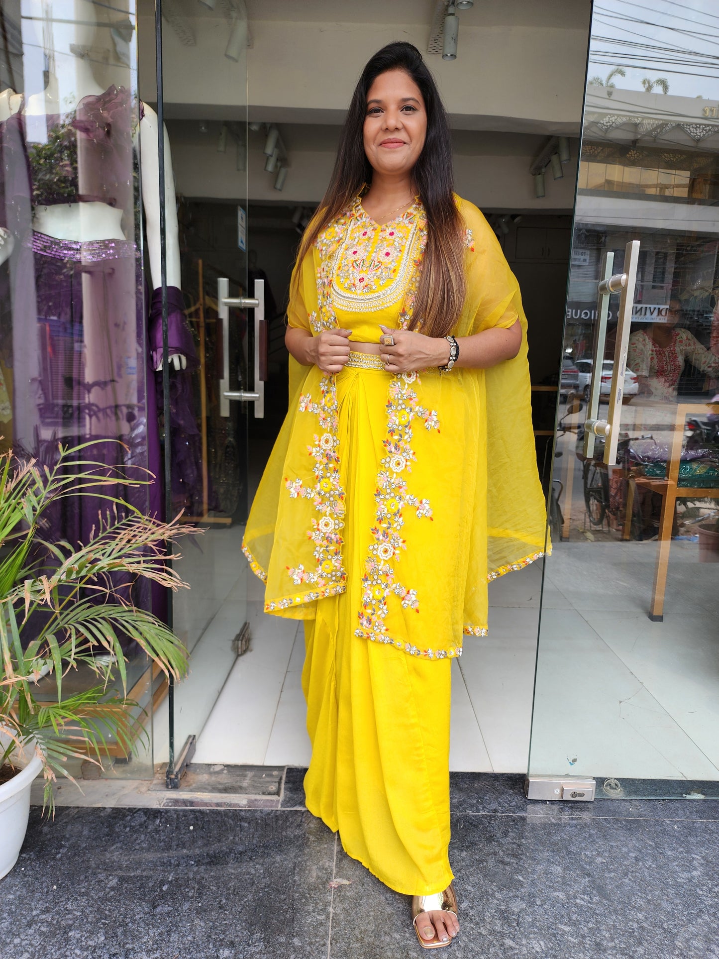 Mango yellow cape cowl indowestern dress