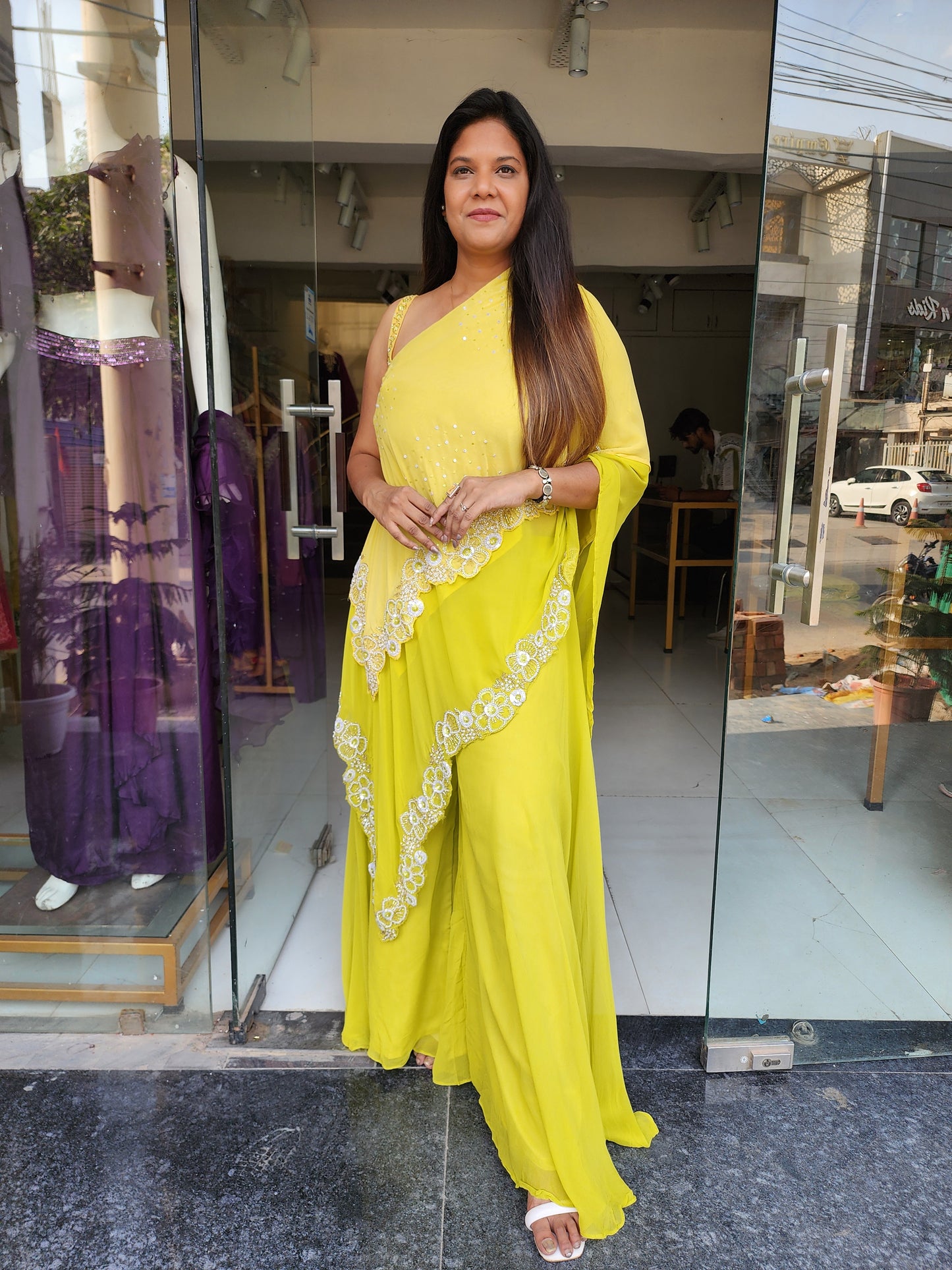LIME GREEN DOUBLE LAYER EMBROIDERED INDOWESTERN DRESS