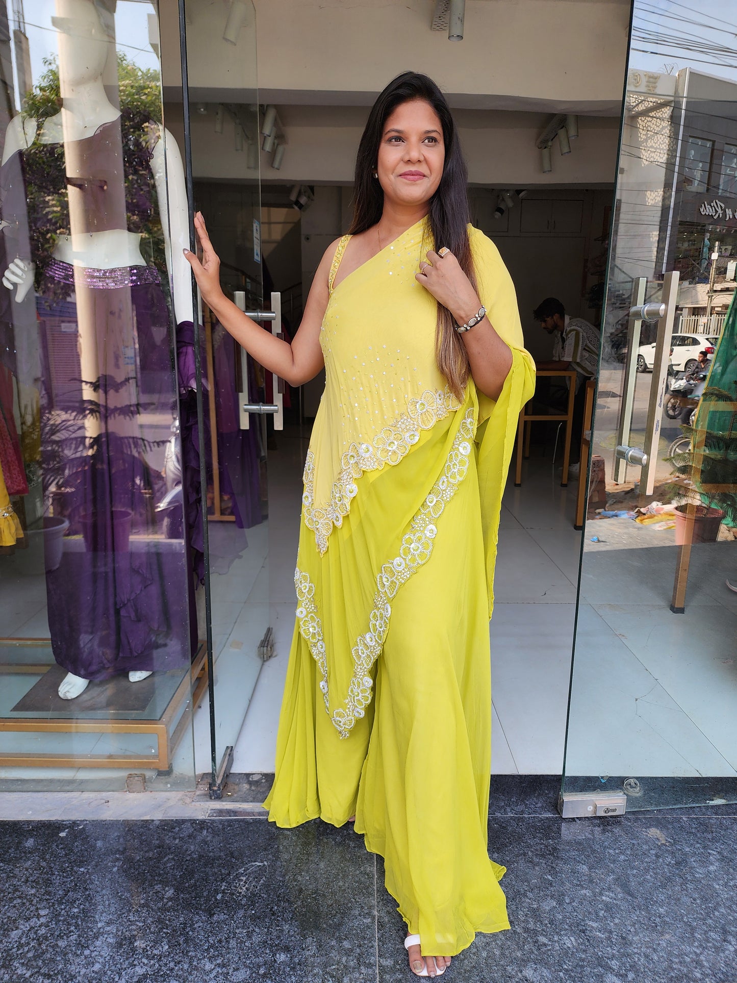LIME GREEN DOUBLE LAYER EMBROIDERED INDOWESTERN DRESS