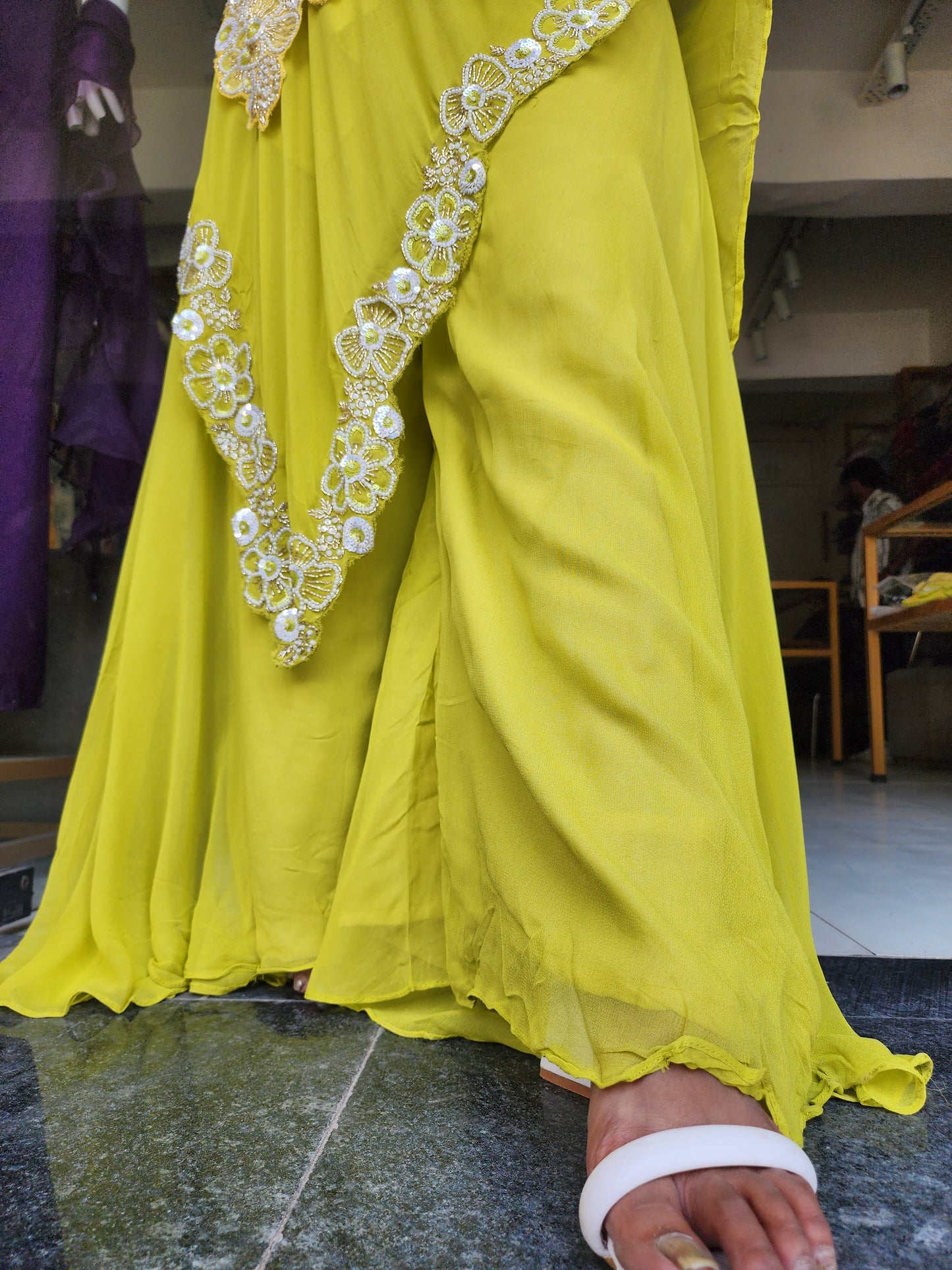 LIME GREEN DOUBLE LAYER EMBROIDERED INDOWESTERN DRESS