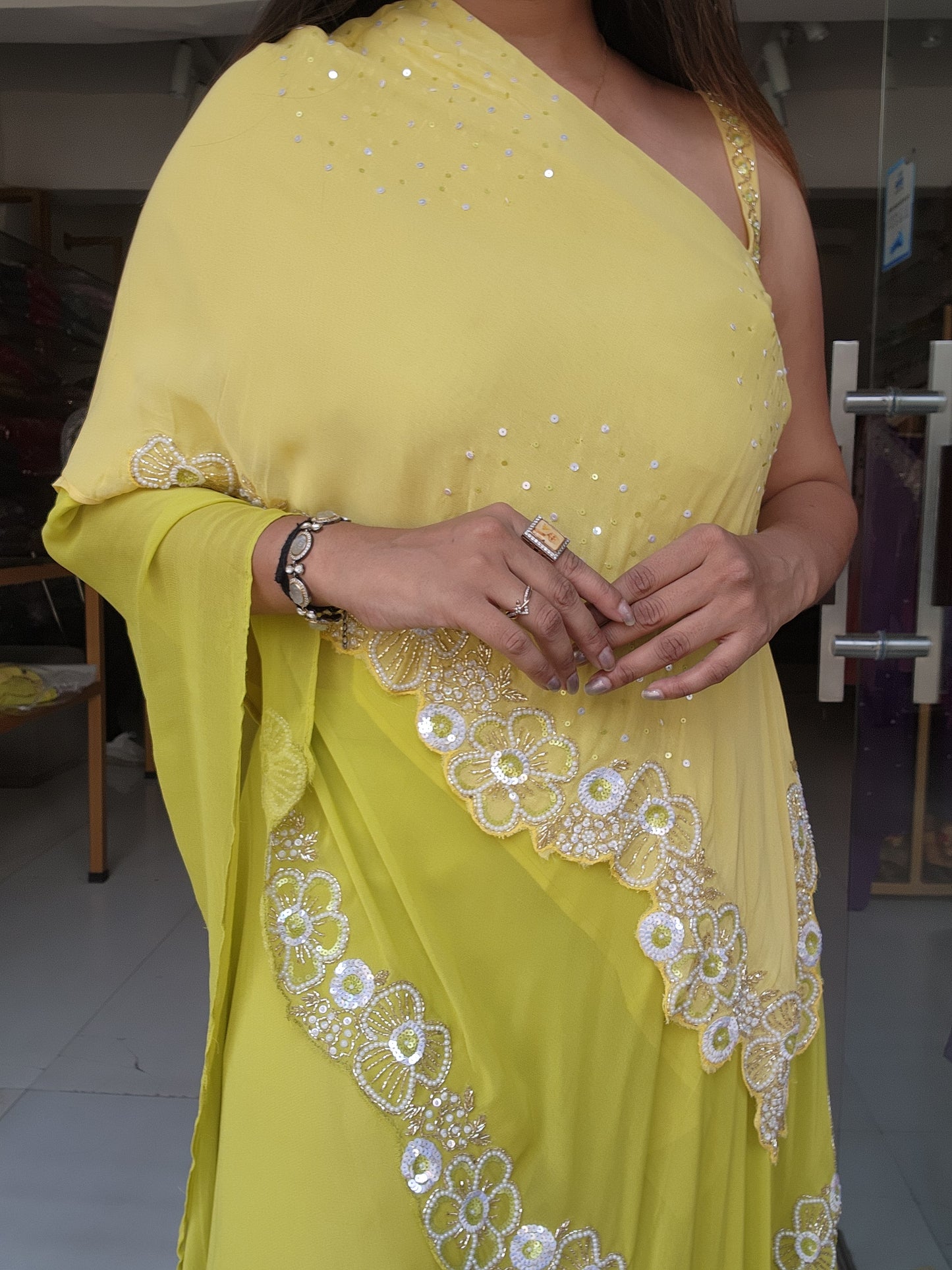 LIME GREEN DOUBLE LAYER EMBROIDERED INDOWESTERN DRESS