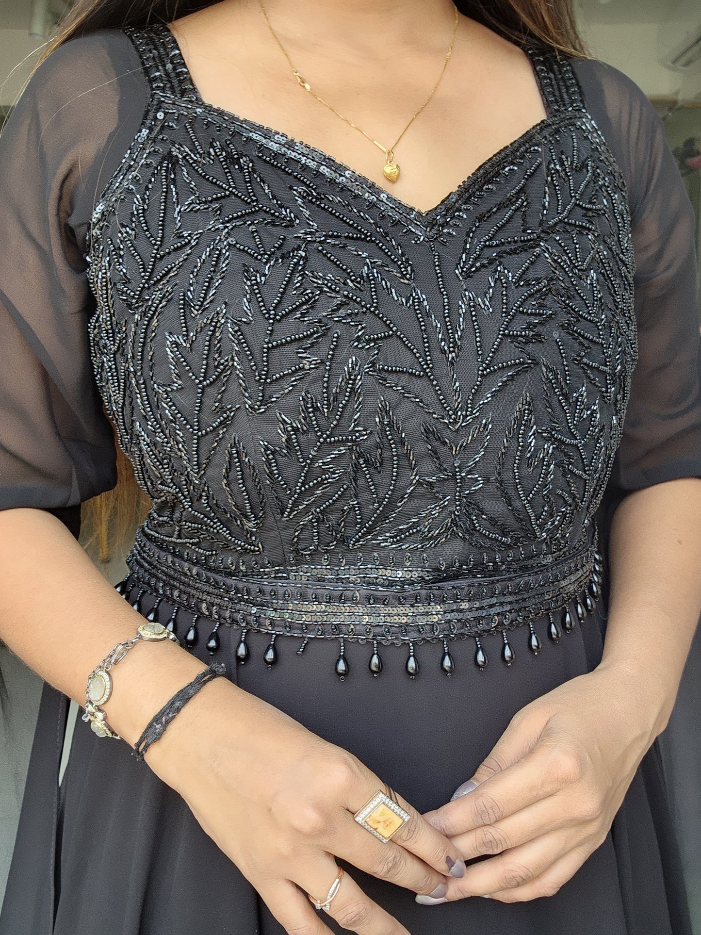 Black embroidered selfie sleeves maxi gown