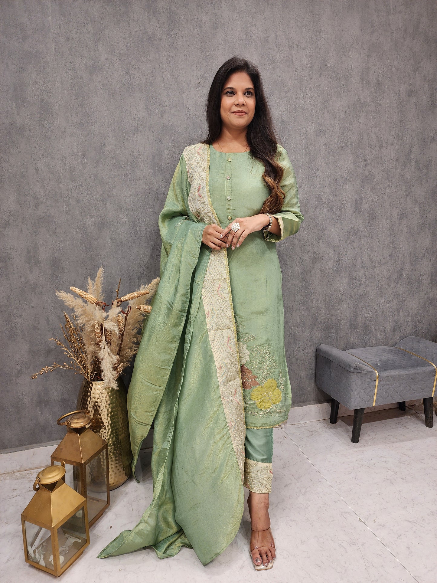 Gulmohar green border embroidered straight suit