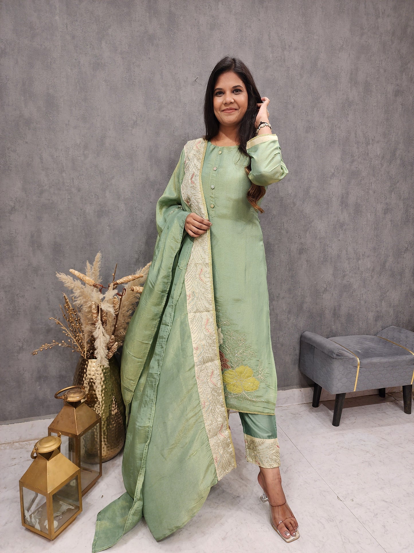Gulmohar green border embroidered straight suit