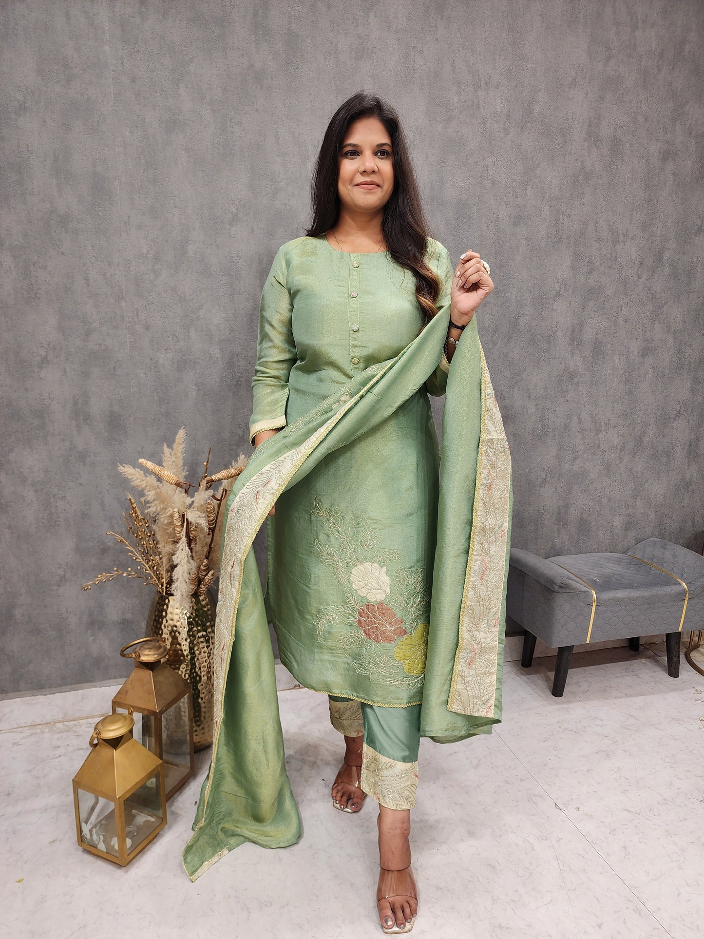 Gulmohar green border embroidered straight suit