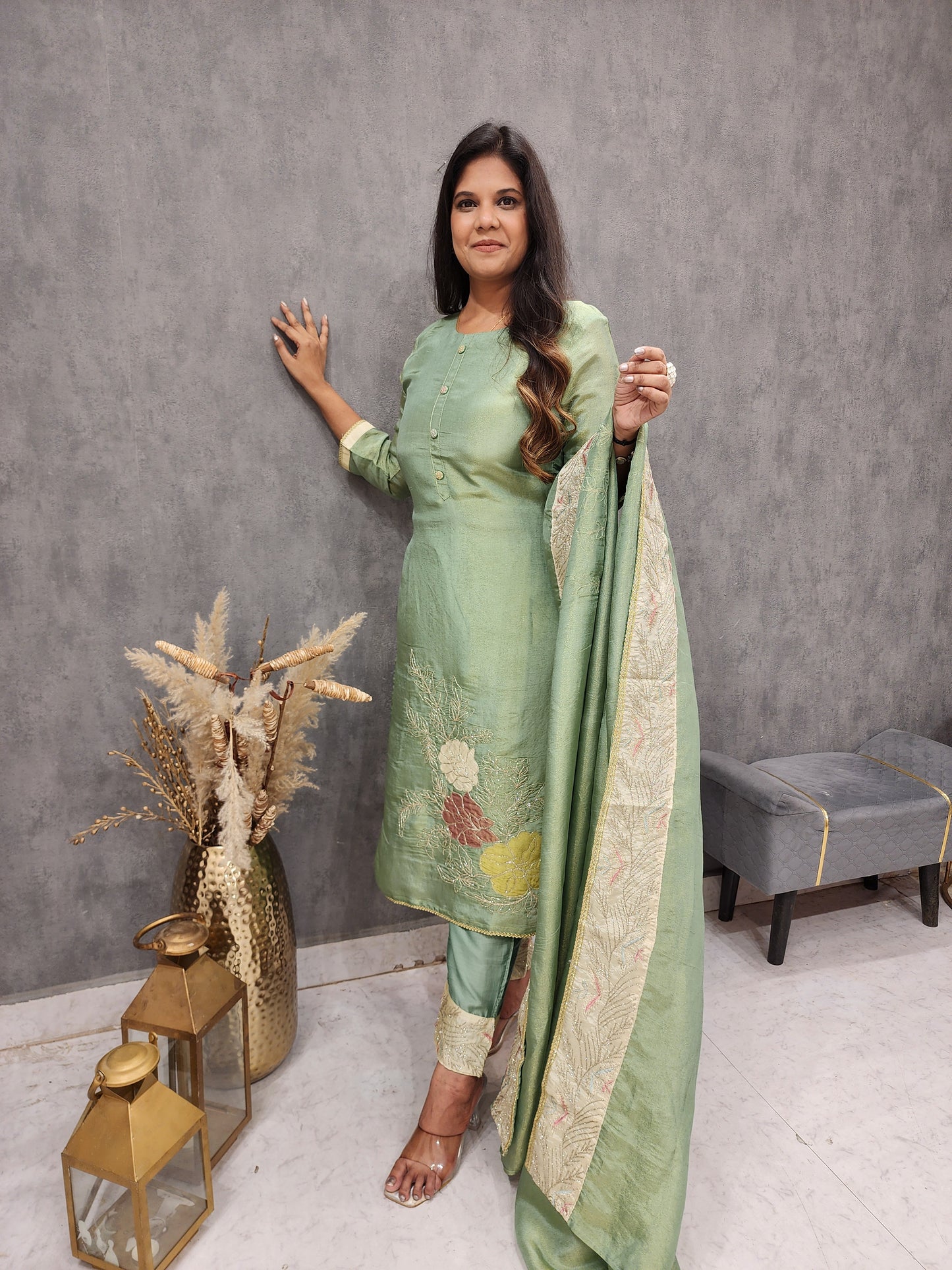 Gulmohar green border embroidered straight suit